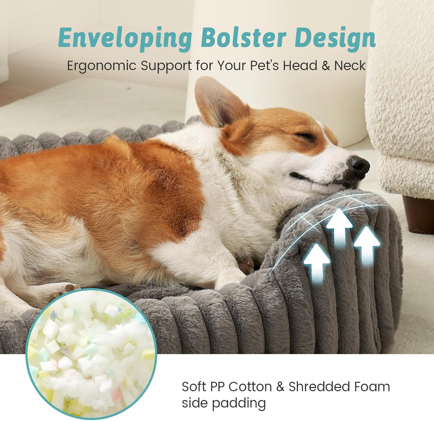 Thumbnail 3 de COZY KISS Large Orthopedic Dog Bed (35x25x8 inch) in Grey – faux fur rectangle sofa with raised edges