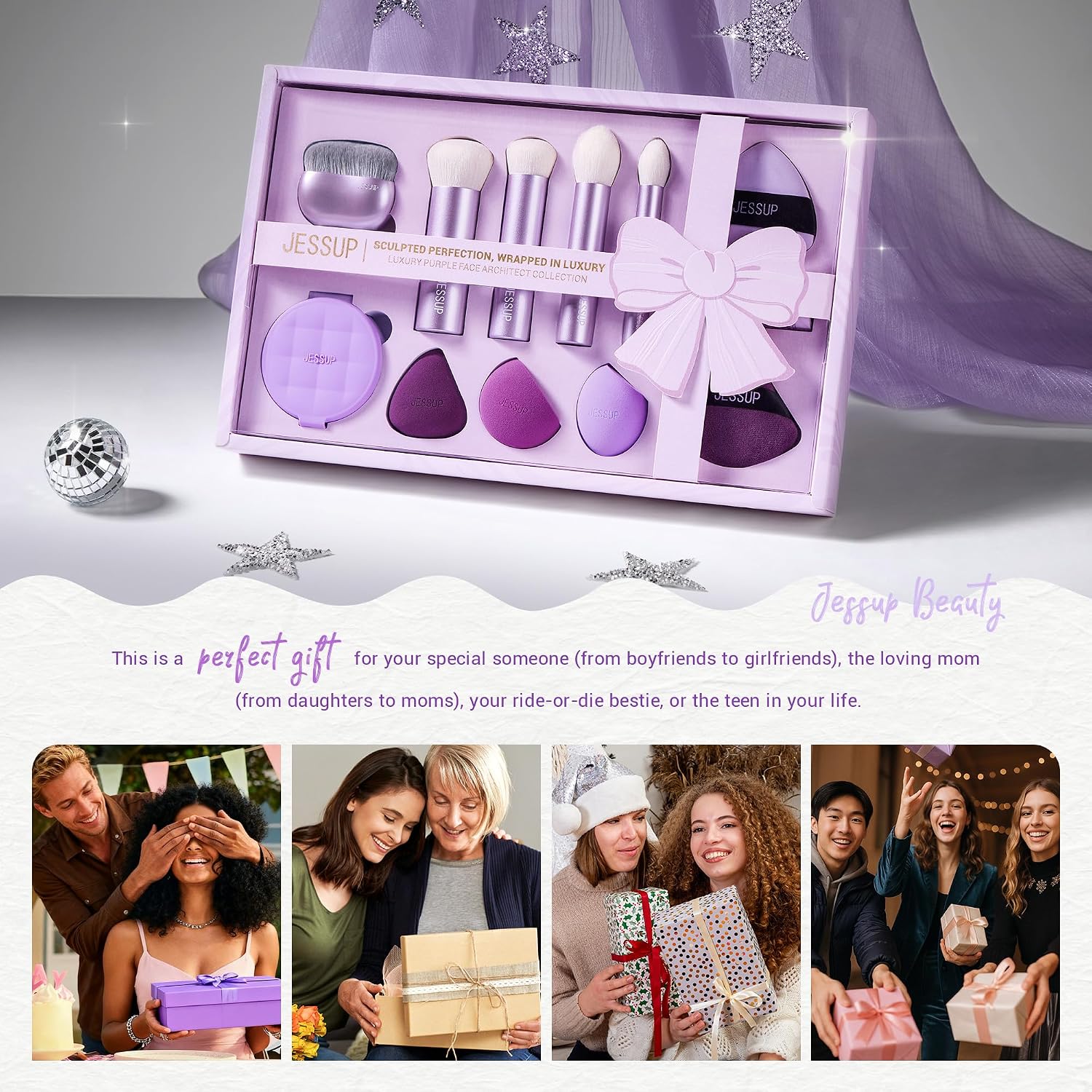 Detalle 2 de Coffret Jessup de pinceaux de maquillage violet 11 pièces (kabuki, éponges, houppettes, tapis de nettoyage) T885