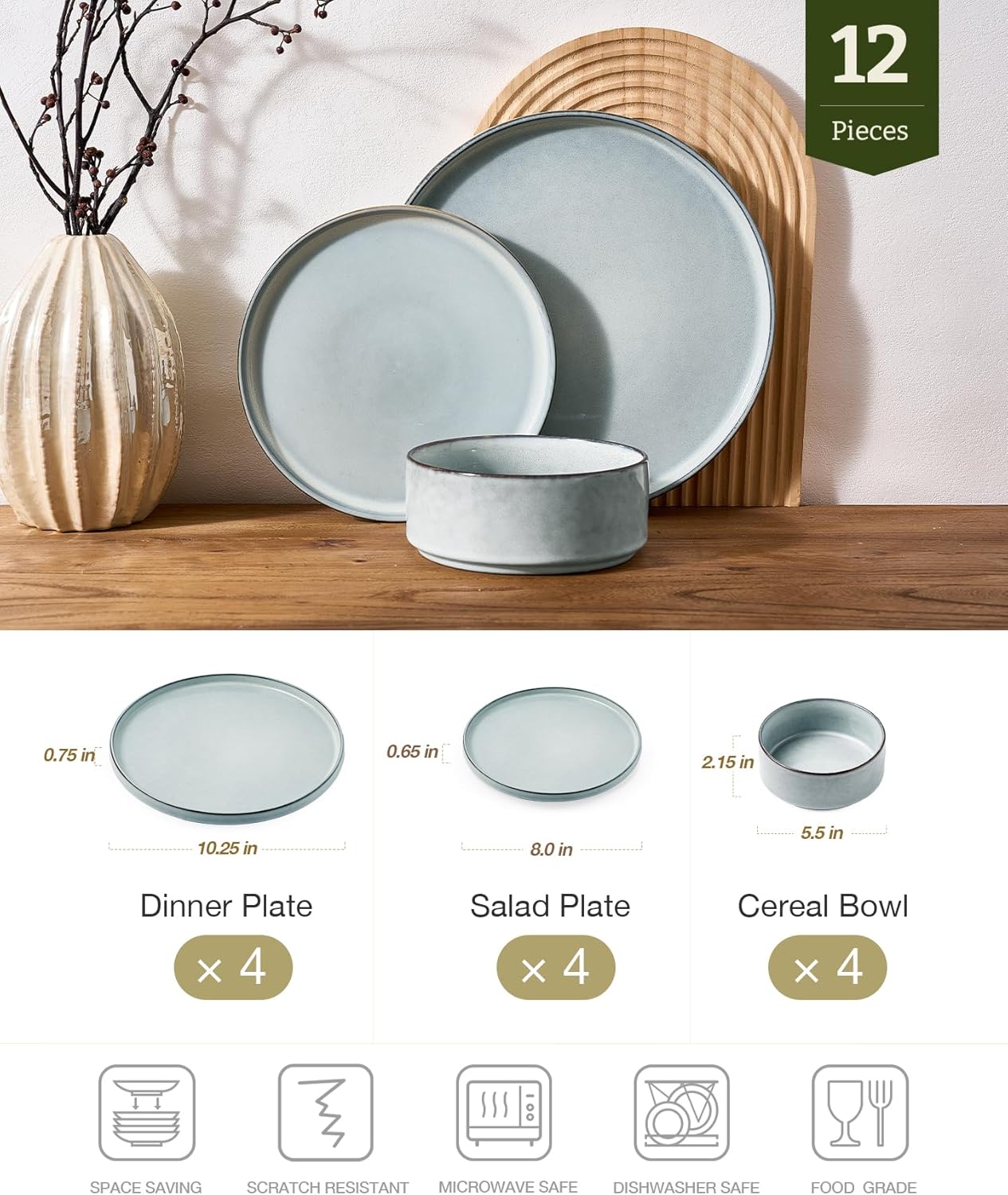 Thumbnail 1 de Famiware Annecy 12-Piece Stoneware Dinnerware Set (Grey-Blue) for 4