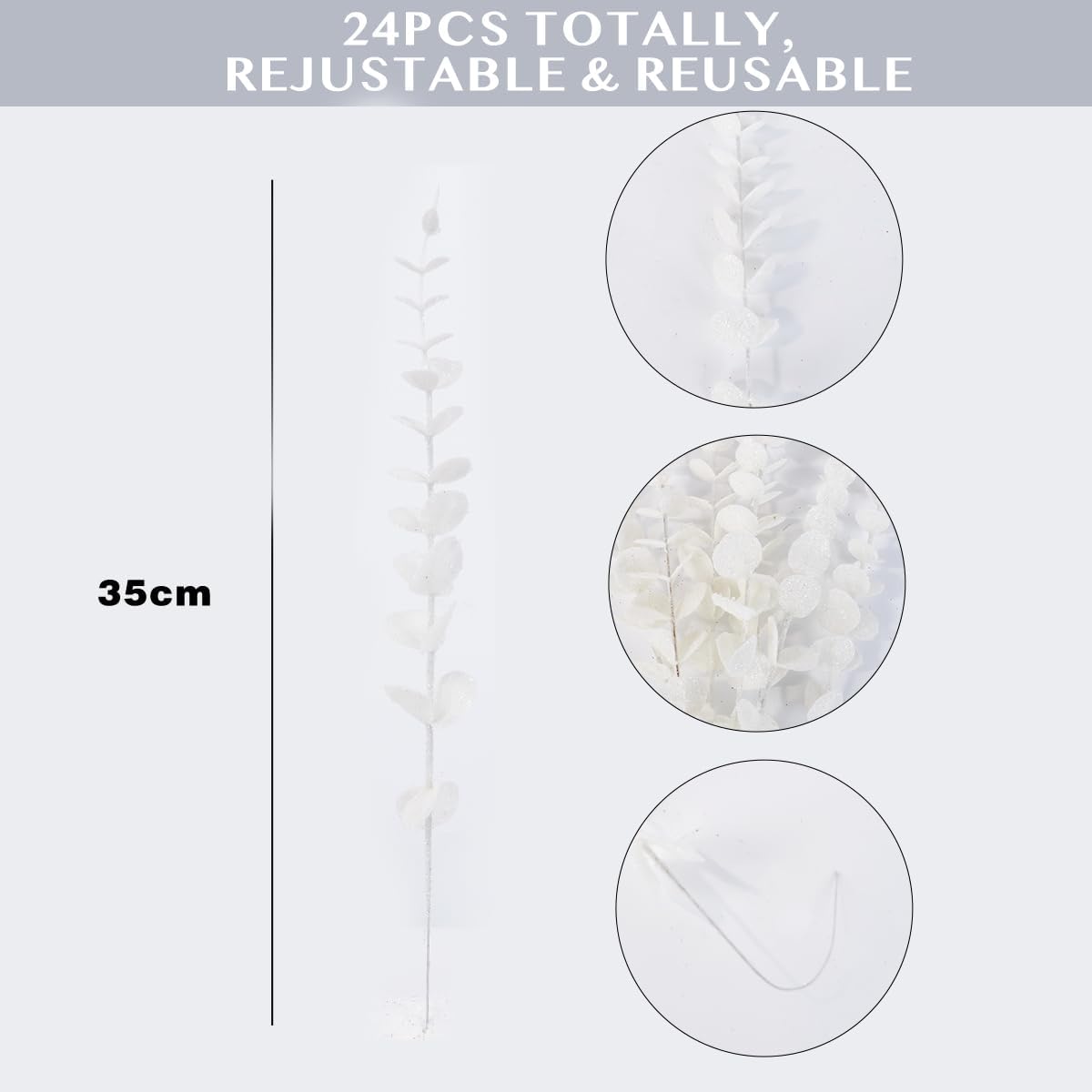 Detalle de Leixi 24pcs Glitter Eucalyptus Leaves Stems, 13.8in – Frosted White for Wedding, Christmas and Seasonal Decor