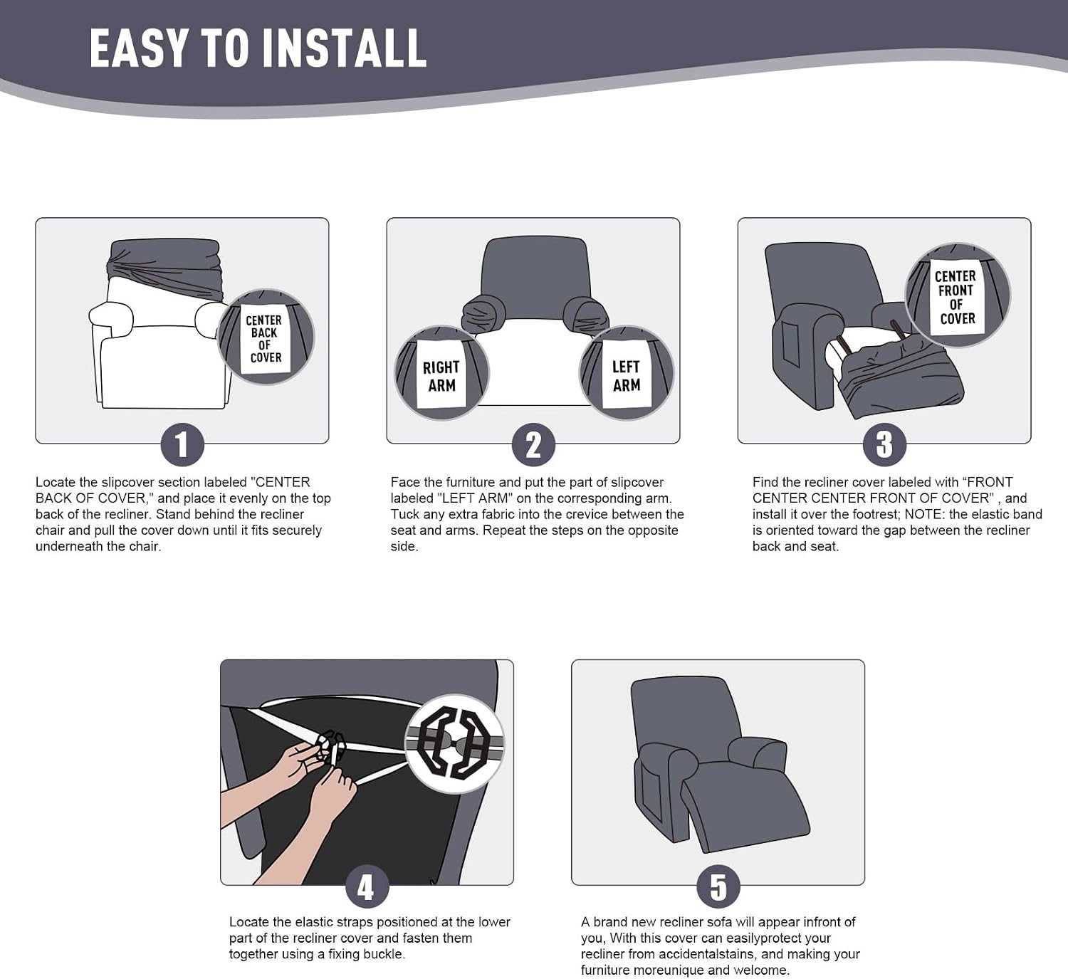 Detalle 1 de KinCam Oversized Recliner Chair Cover, Light Gray Stretch Fit, 1XL
