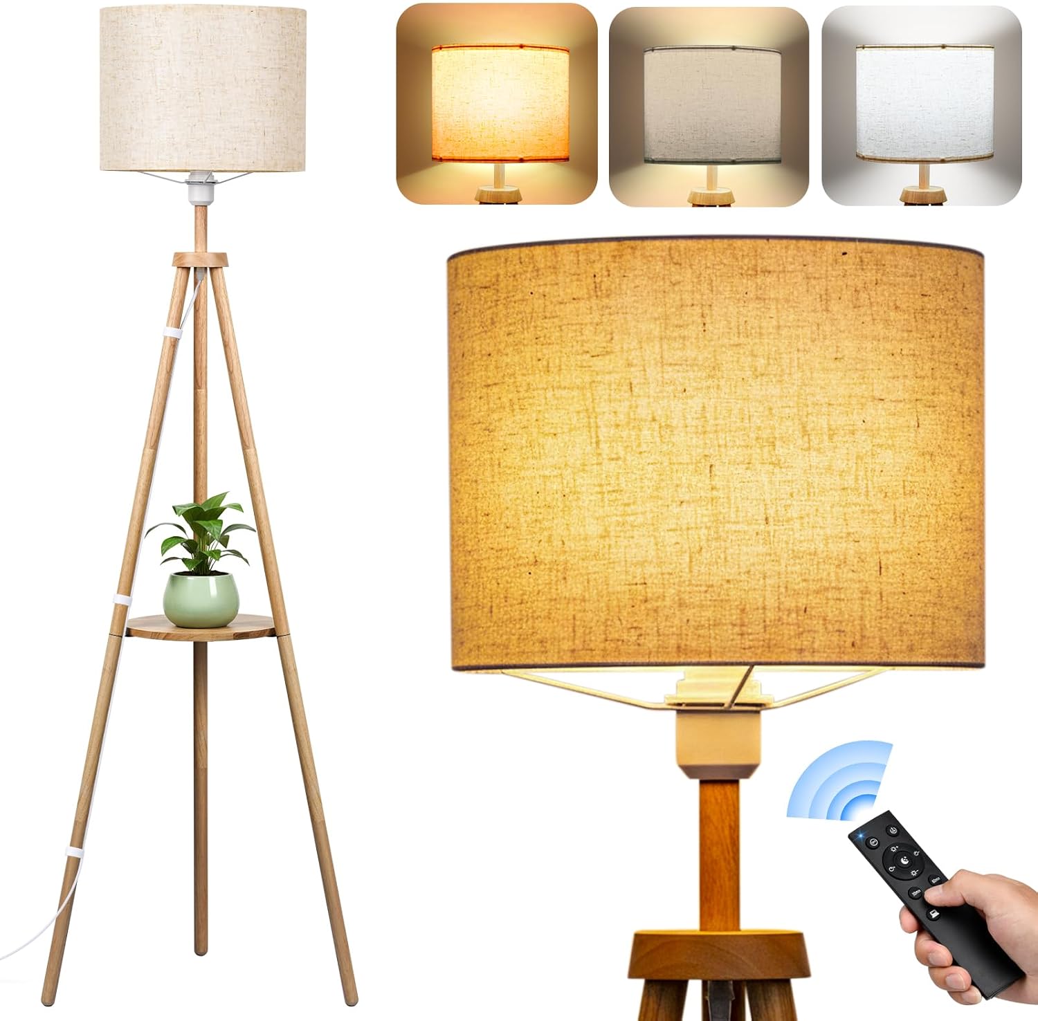 Detalle de Lampada da Terra Treppiede in Legno con Ripiano e Dimmerabile E27 12W – Tre Colori 3000K/4000K/6000K