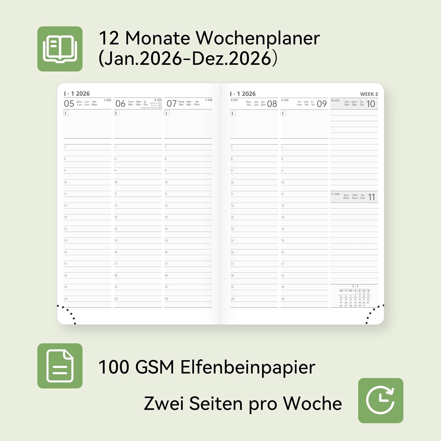 Thumbnail 2 de FEKSINO Kalender 2026 Buchkalender A5 (21,3 x 14,6 cm) – Wochen- und Monatsplaner Jan.–Dez. 2026