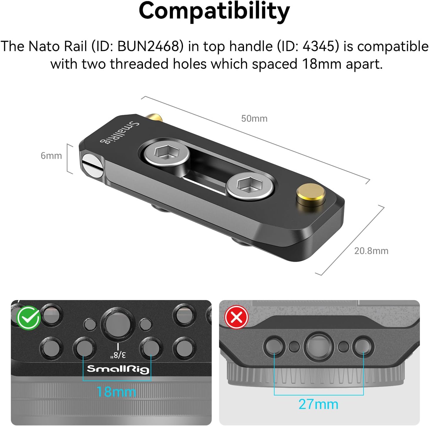 Thumbnail 1 de SMALLRIG Lightweight NATO Top Handle NATO Obergriff 4345 – Schnellverschluss-Griff mit 50‑mm‑NATO-Schiene und 5 Kaltschuhen