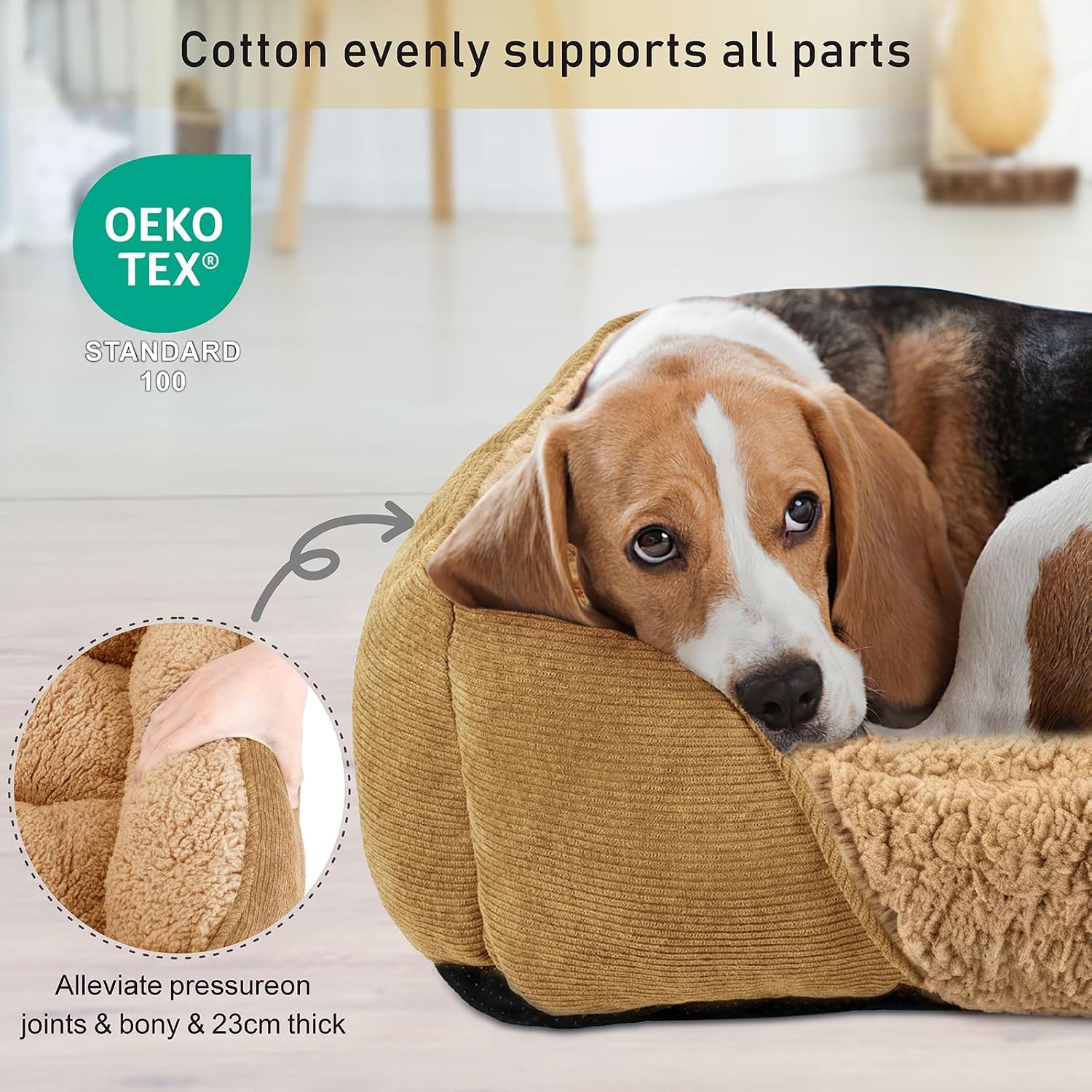 Detalle de JOEJOY Medium Dog Cat Bed with Warm Lamb Fleece – 63x53x21cm, Brown