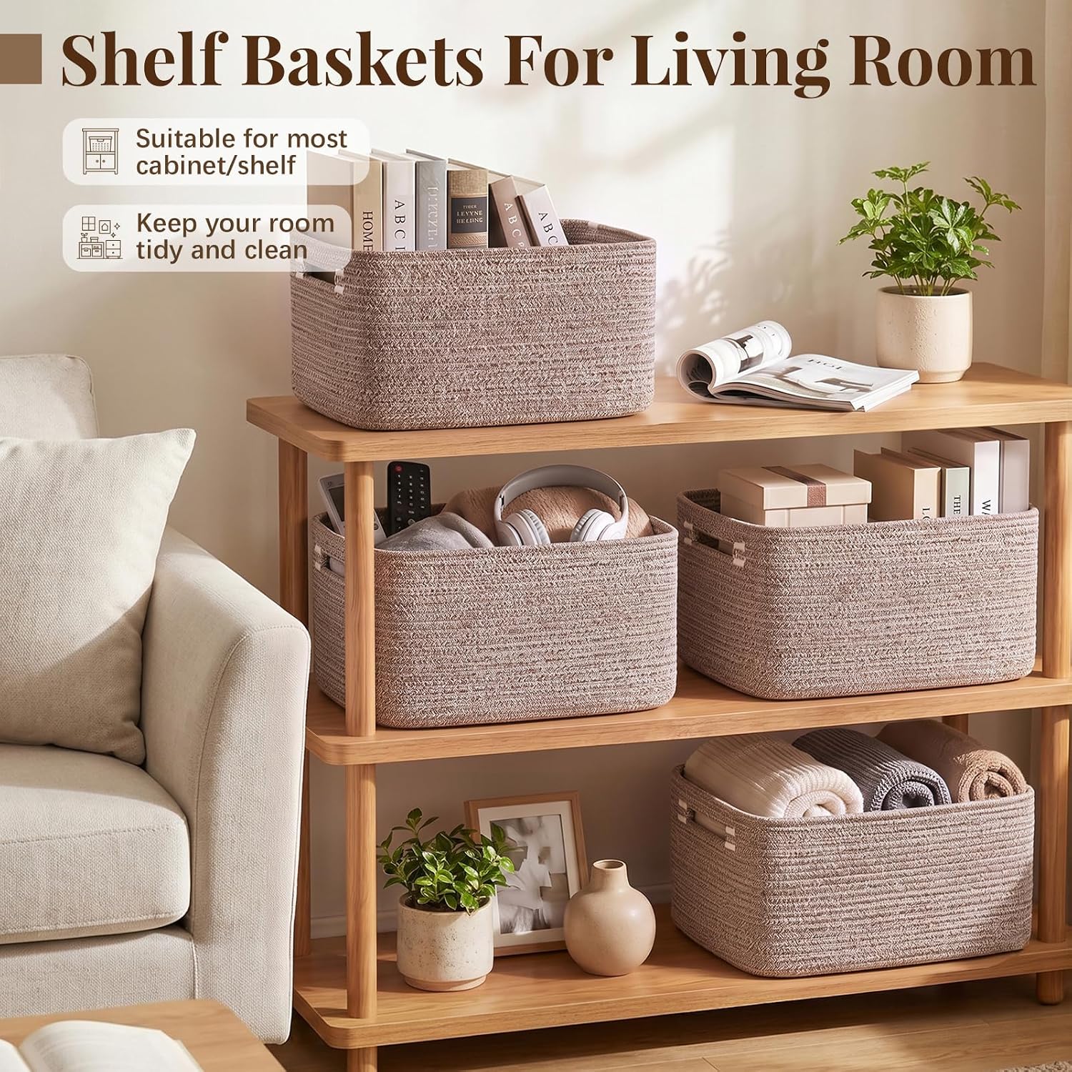 Detalle de OIASKET SLB-C-C-05 Cotton Rope Storage Baskets, 4-Pack, Linen Brown