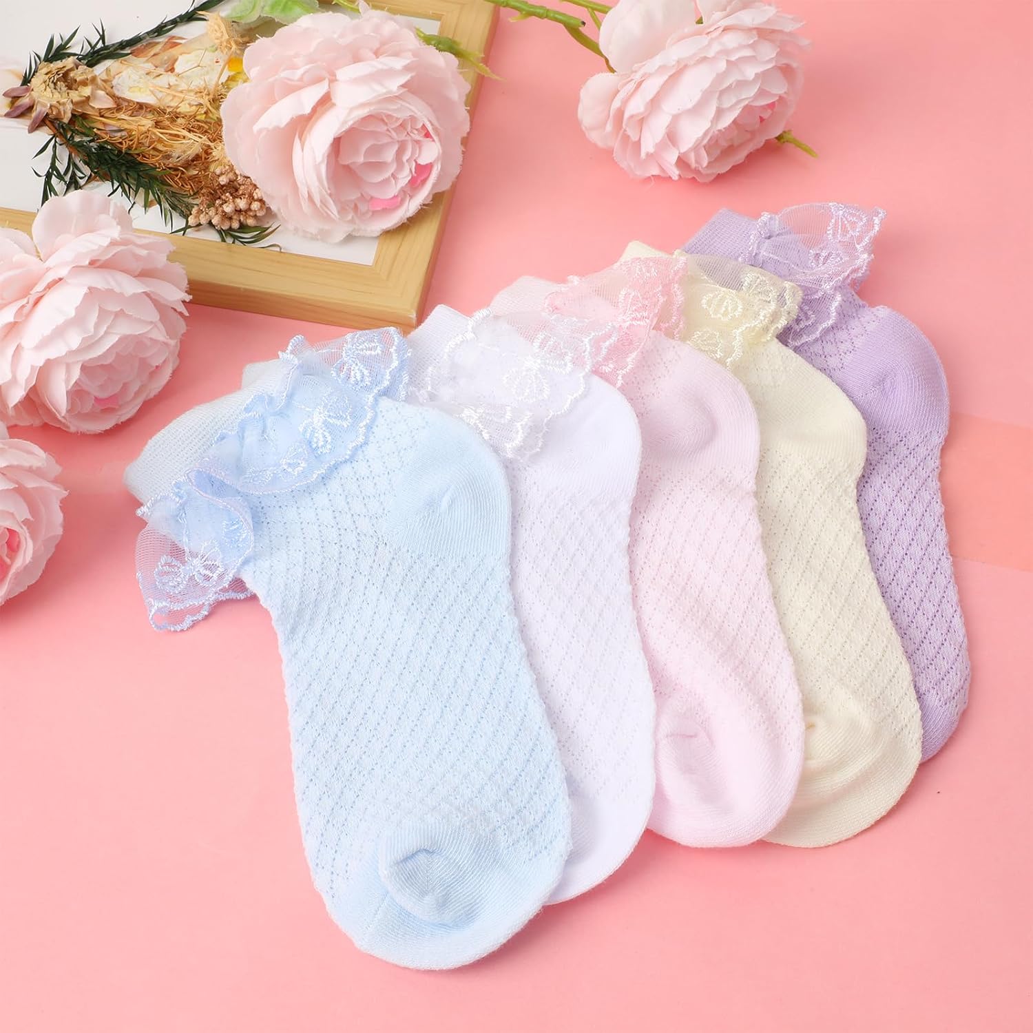 Thumbnail 3 de QKURT 6 Pairs Girls Frilly Ankle Socks with Multicolour Lace