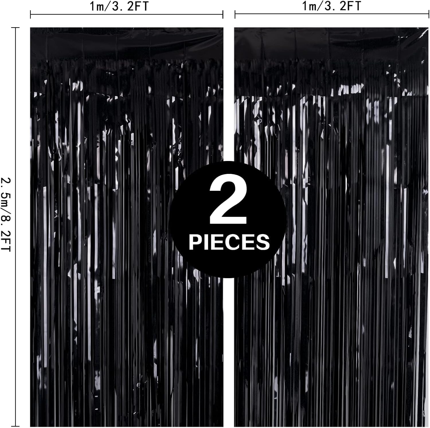 Thumbnail 2 de Black Foil Fringe Curtain Party Decorations (3 Pack) — Shiny Black Tinsel Backdrop