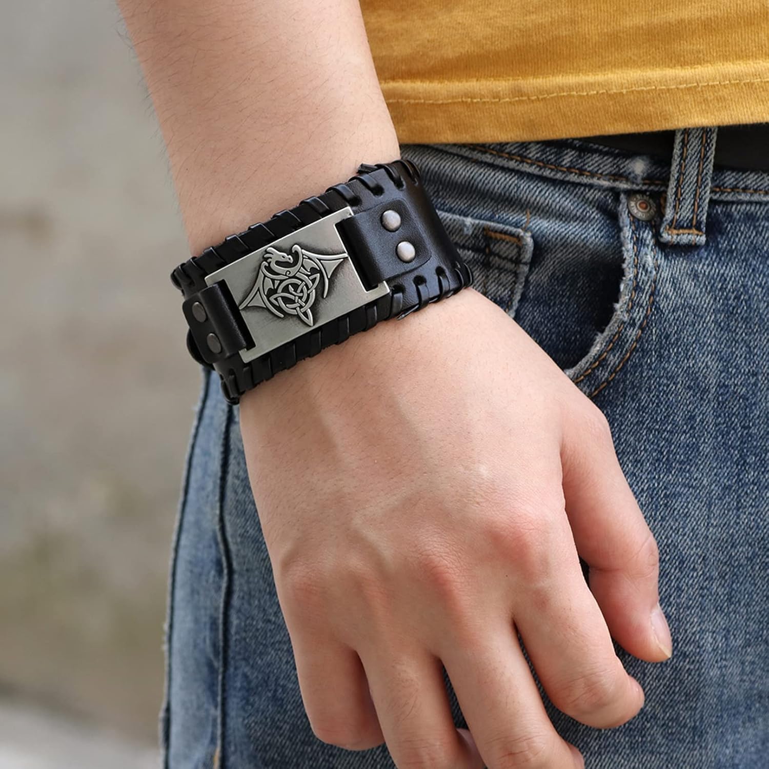 Thumbnail 4 de Thajaling Flying Dragon Totem Lederarmband – Breites Lederarmband mit keltischem Knoten