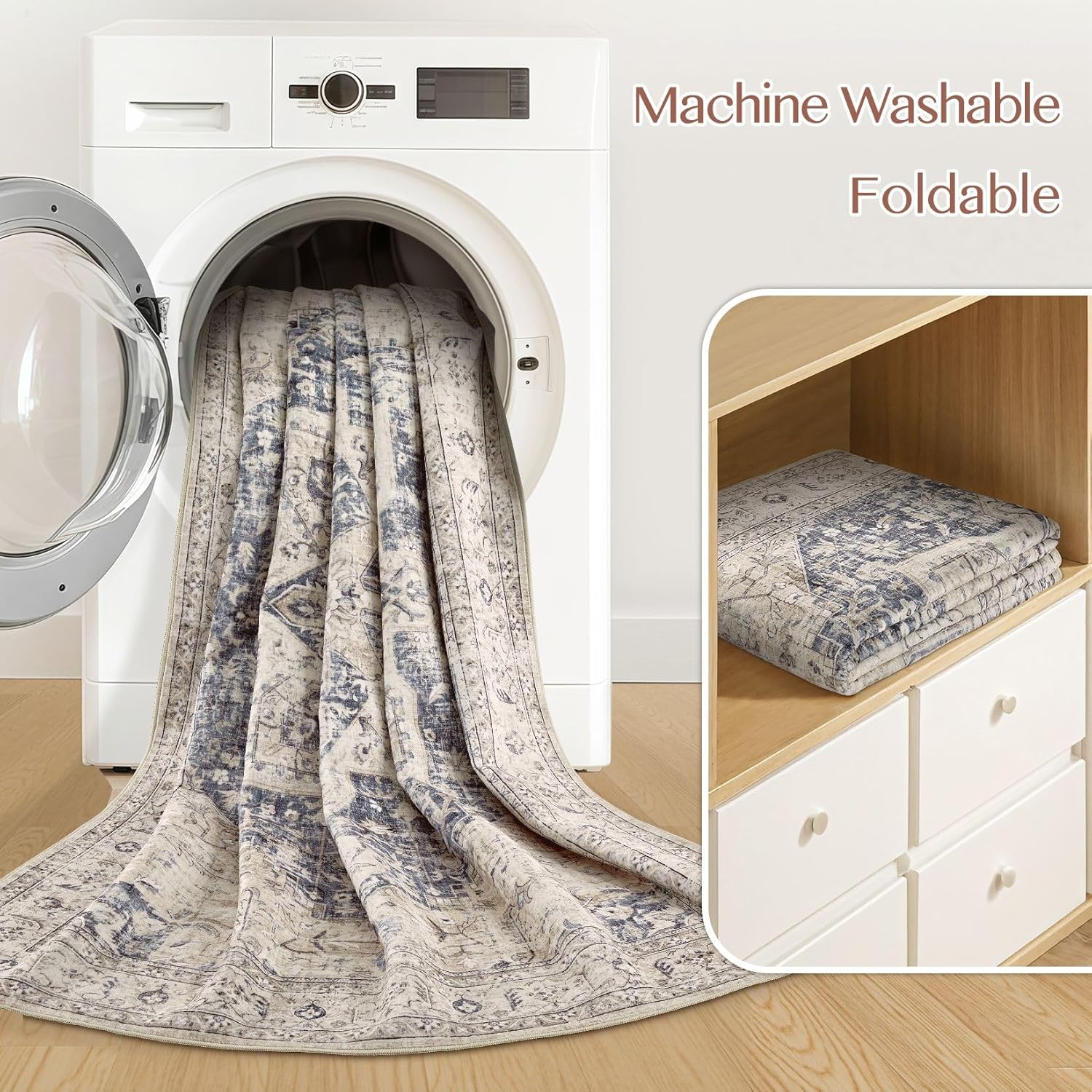 Thumbnail 4 de Tortania Area Rug Living Room Rugs 10x14 Washable Boho Rug (Cream Blue)