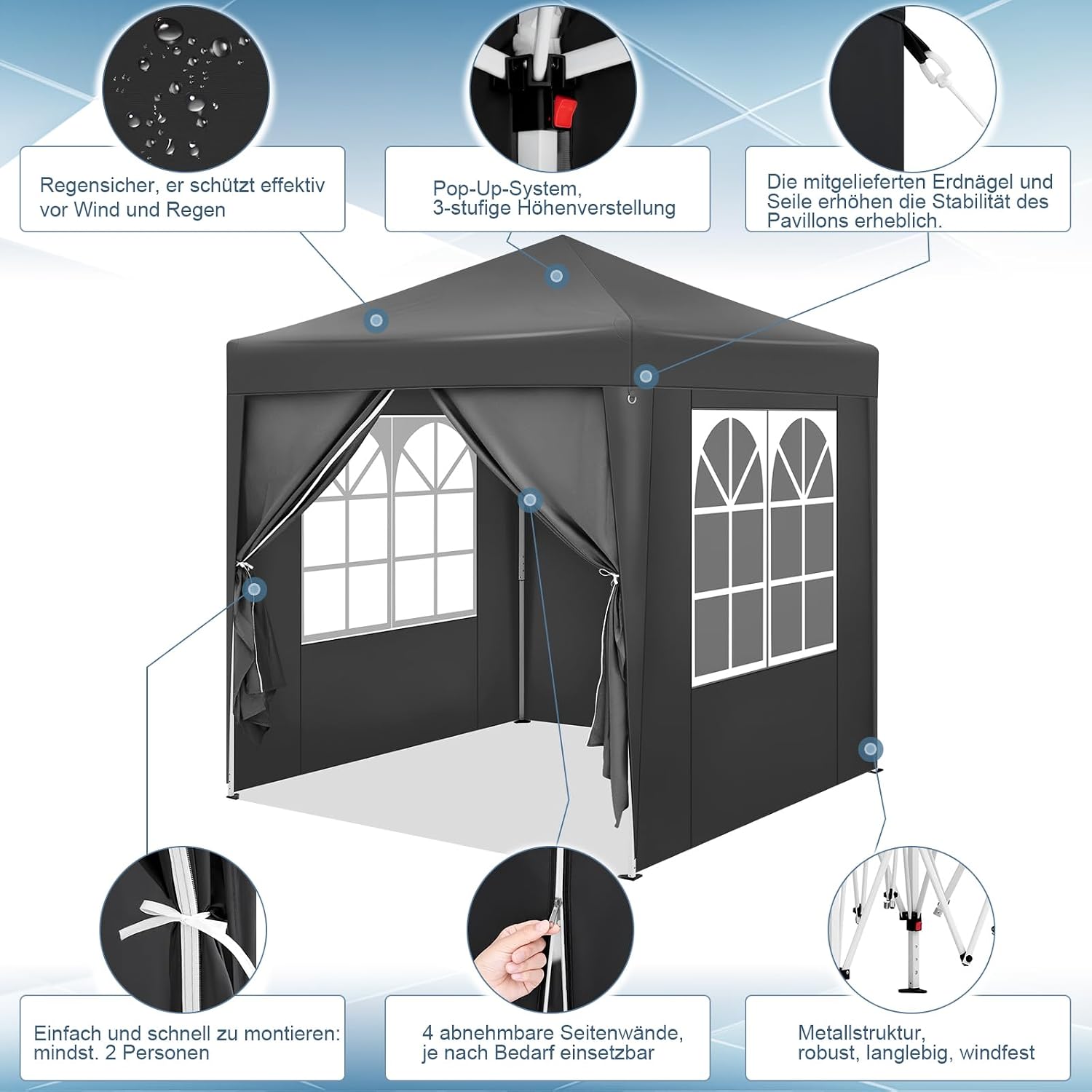 Detalle de WOLTU Pavillon 2x2 m mit 4 Seitenwänden – wasserabweisend, UV-Schutz 50+, pop-up Aufbau, inklusive Tragetasche, Anthrazit