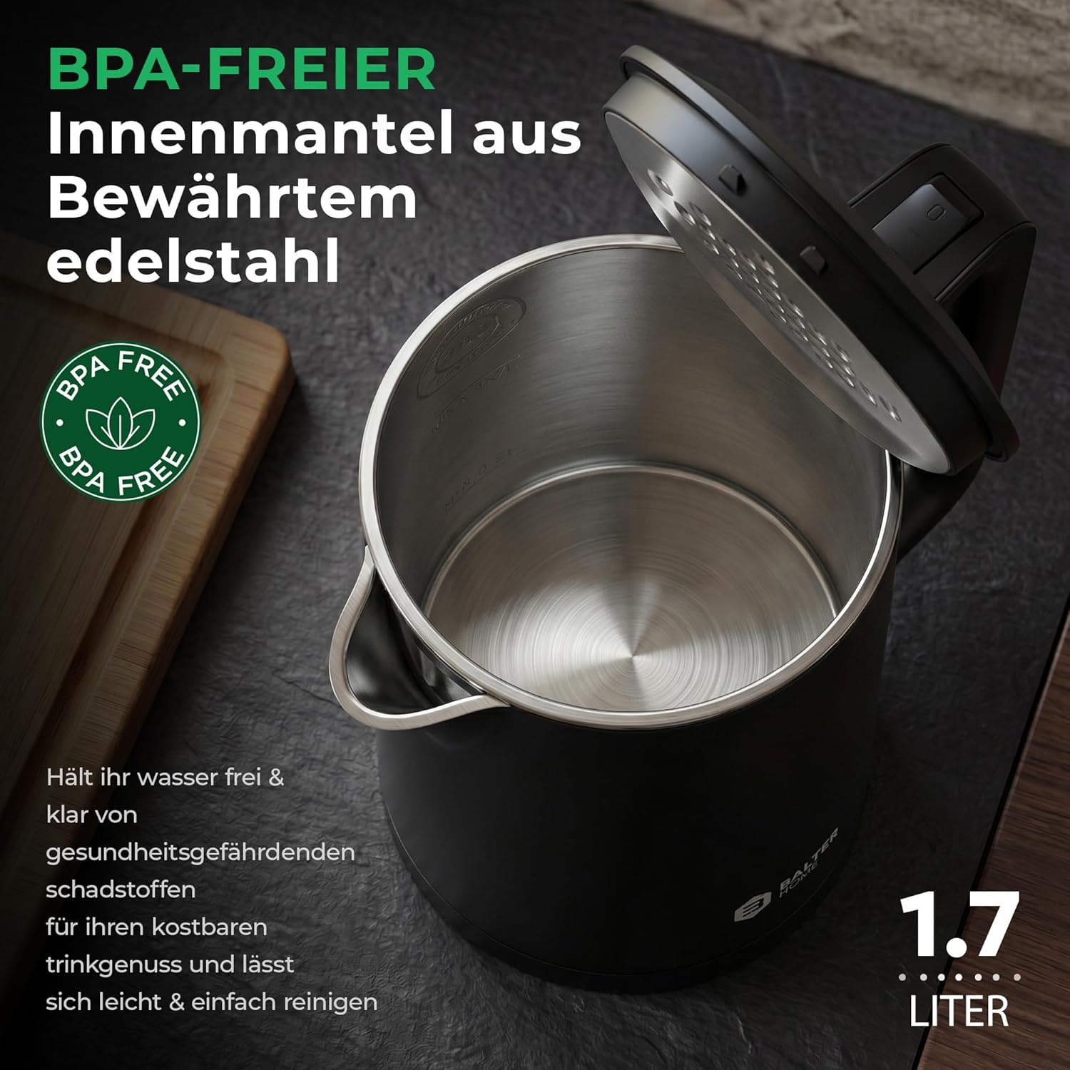 Thumbnail 3 de Balter Wasserkocher Edelstahl WK-4 (1,7 Liter) mit Doppelwand, LED & Sicherheitsfunktionen – kompakter Teekocher in Schwarz