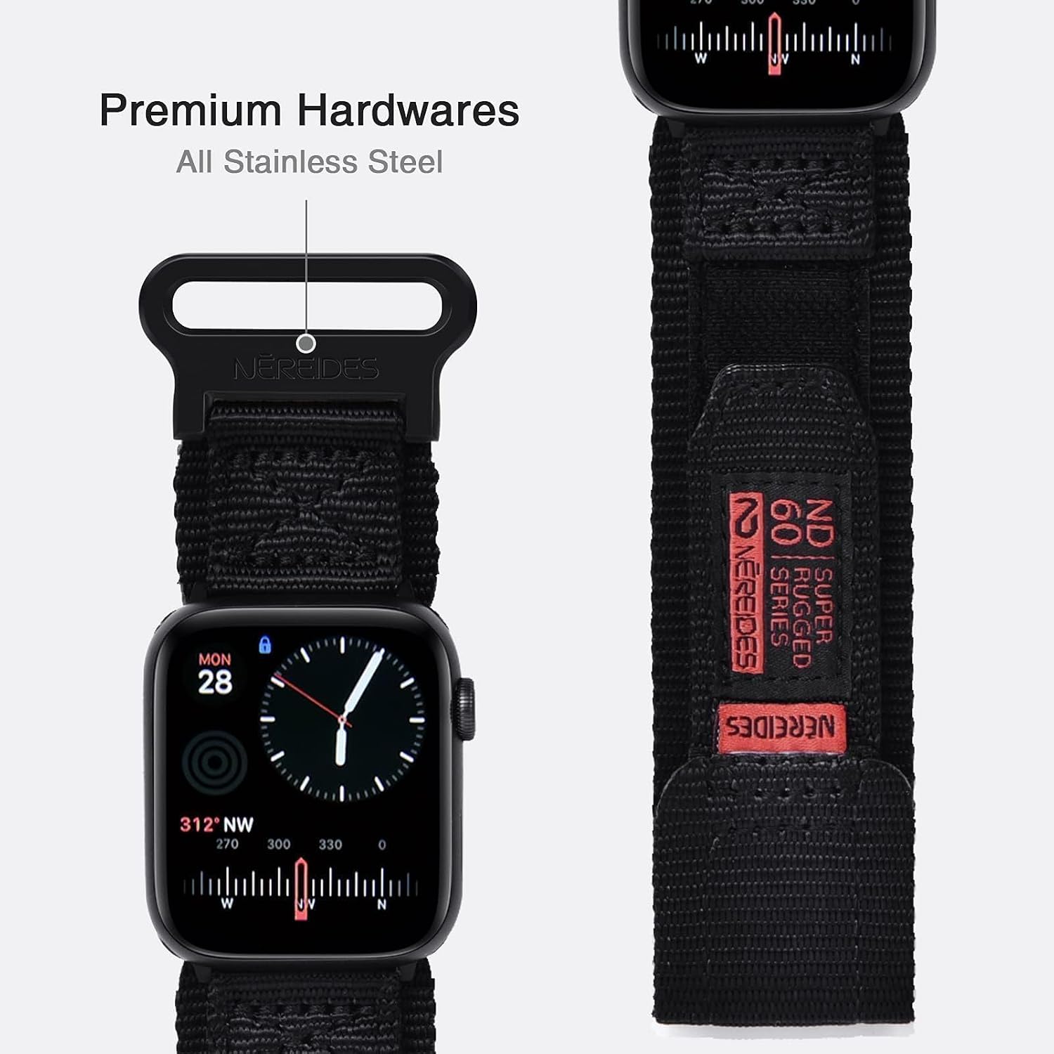 Detalle de Nereides Nylon Sport Replacement Band for Apple Watch (42–38mm) – Black