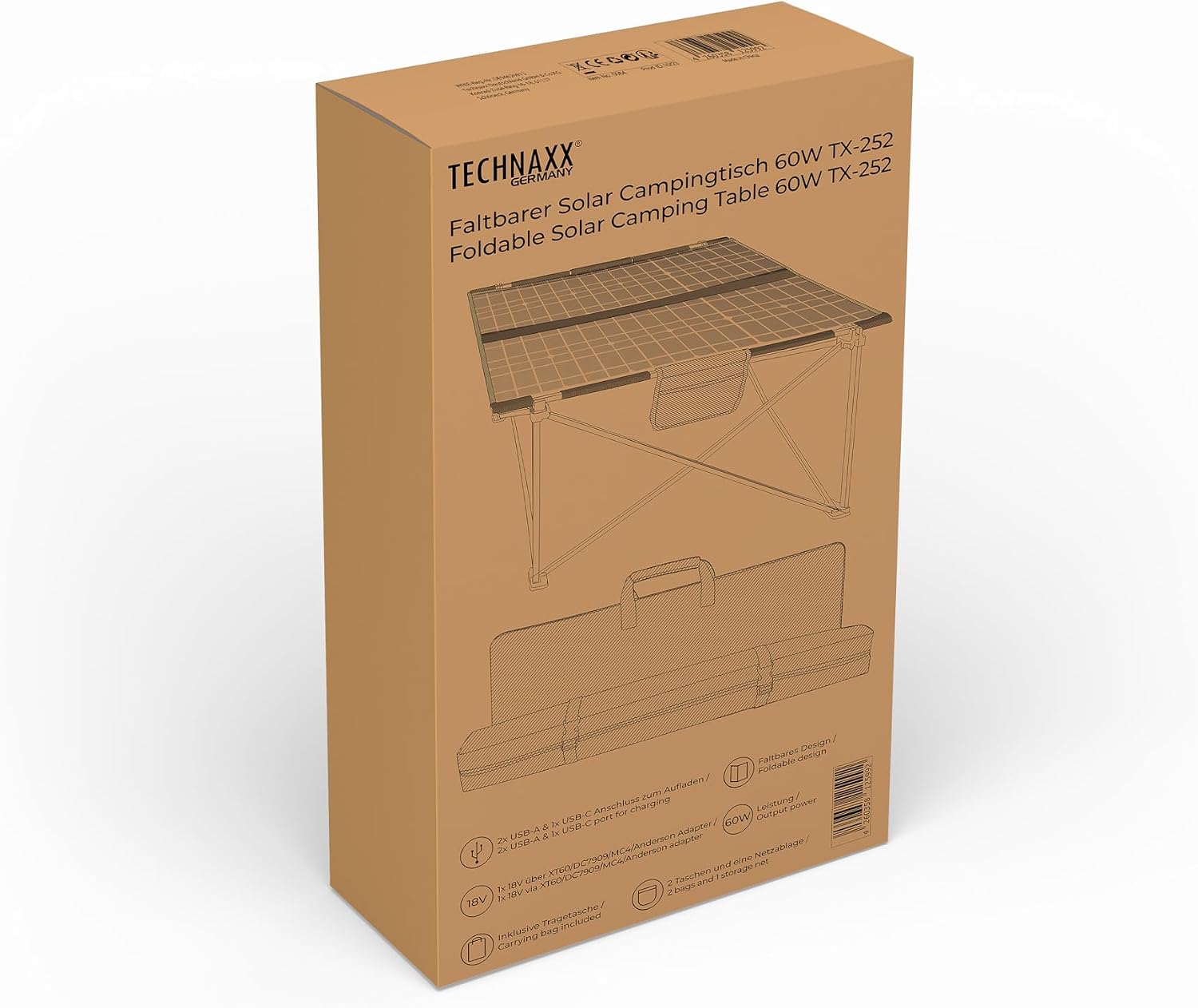 Detalle 2 de Technaxx TX-252 hopfällbart solcellscampingbord, 60 W och tre USB-portar