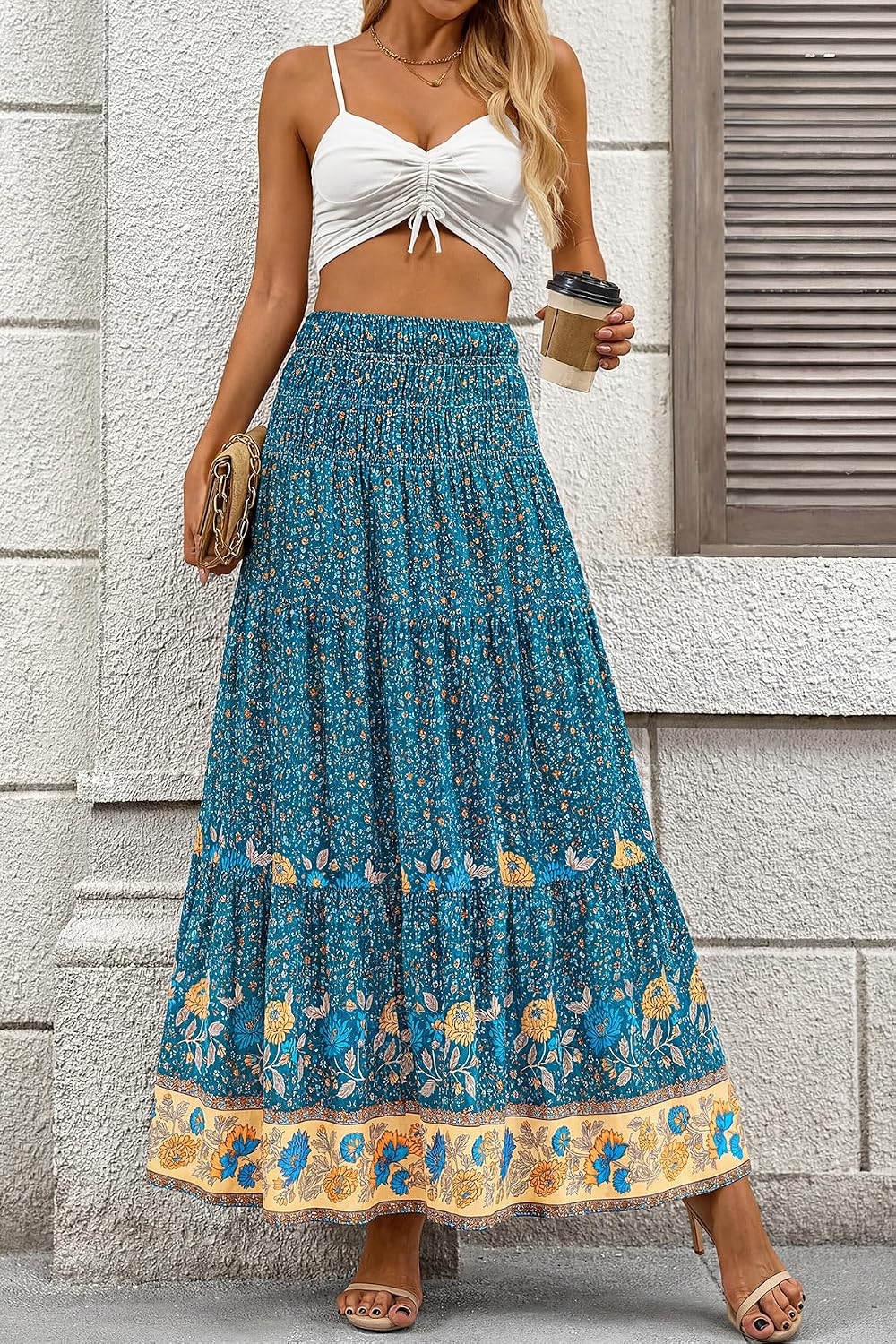 Detalle de CFLONGE Summer Maxi Skirts for Women 2026 – Floral High-Waist Boho A-Line Maxi