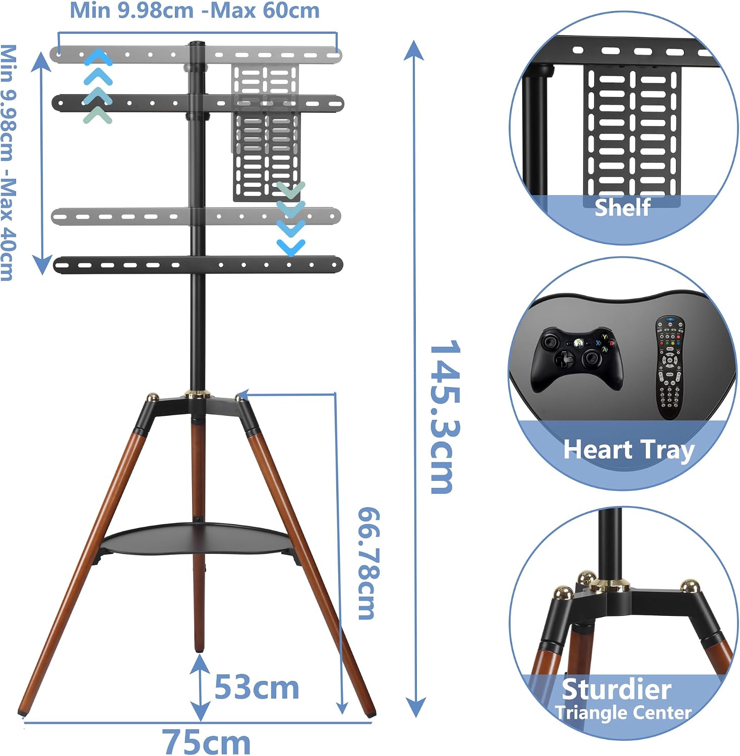 Thumbnail 1 de ETHU Tripod TV-Ständer aus Holz mit Schwenkfunktion und Medienablage (VESA bis 600×400 mm) für 32–65 Zoll
