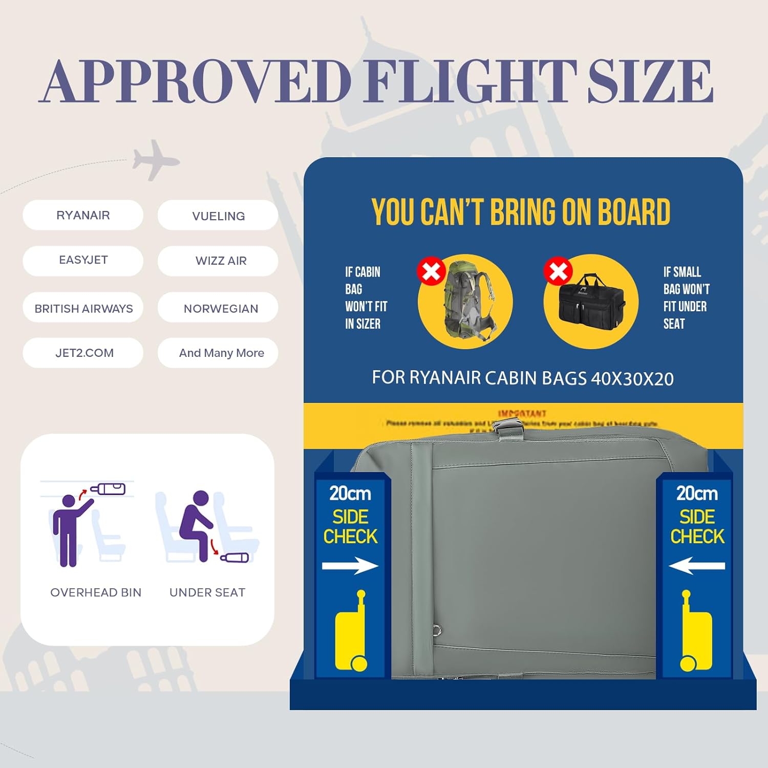 Detalle 2 de Yankony Ryanair Cabin Bag 40x30x20 for easyJet cabin