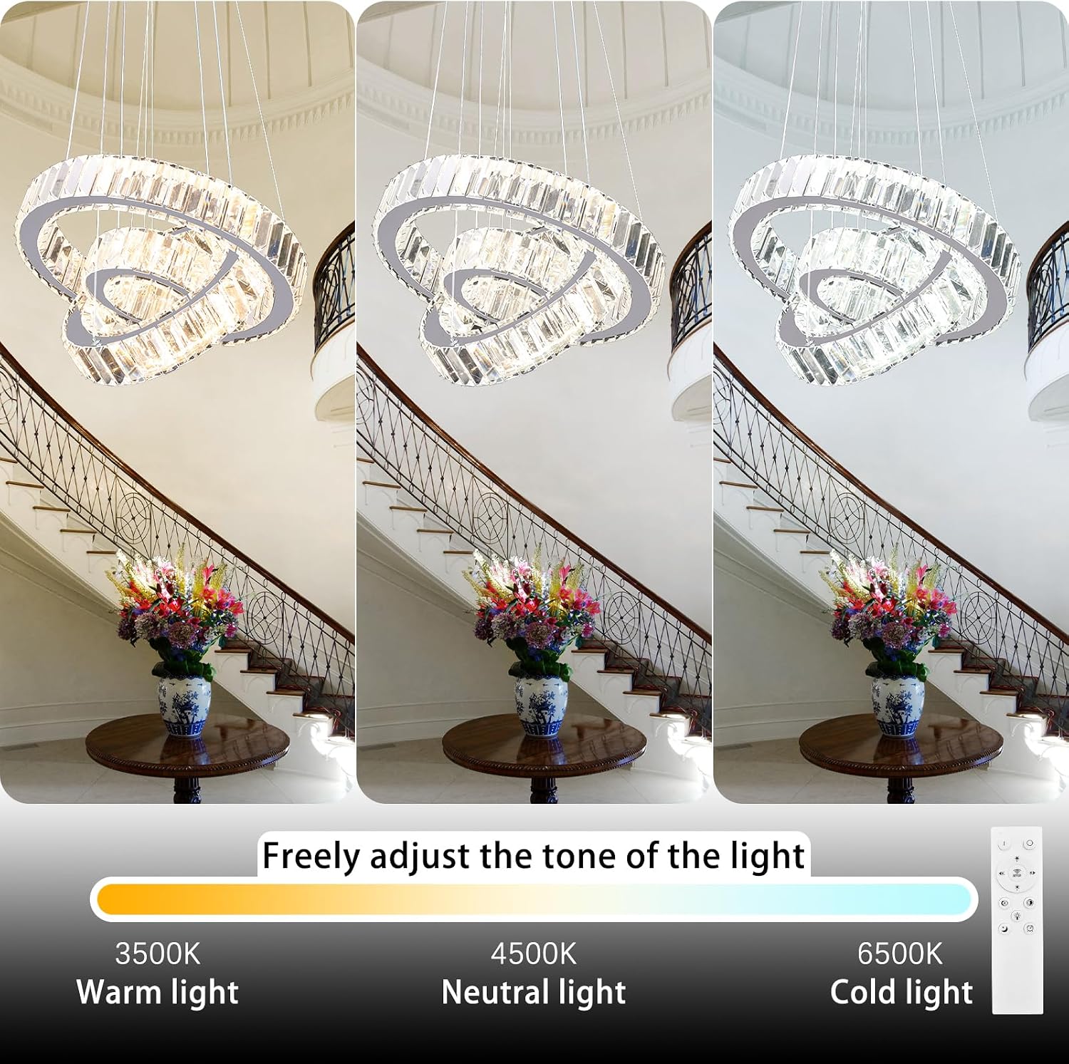 Detalle de YPQXYHDA Adjustable 3 Ring Crystal Pendant Light – Dimmable LED Chandelier with Remote