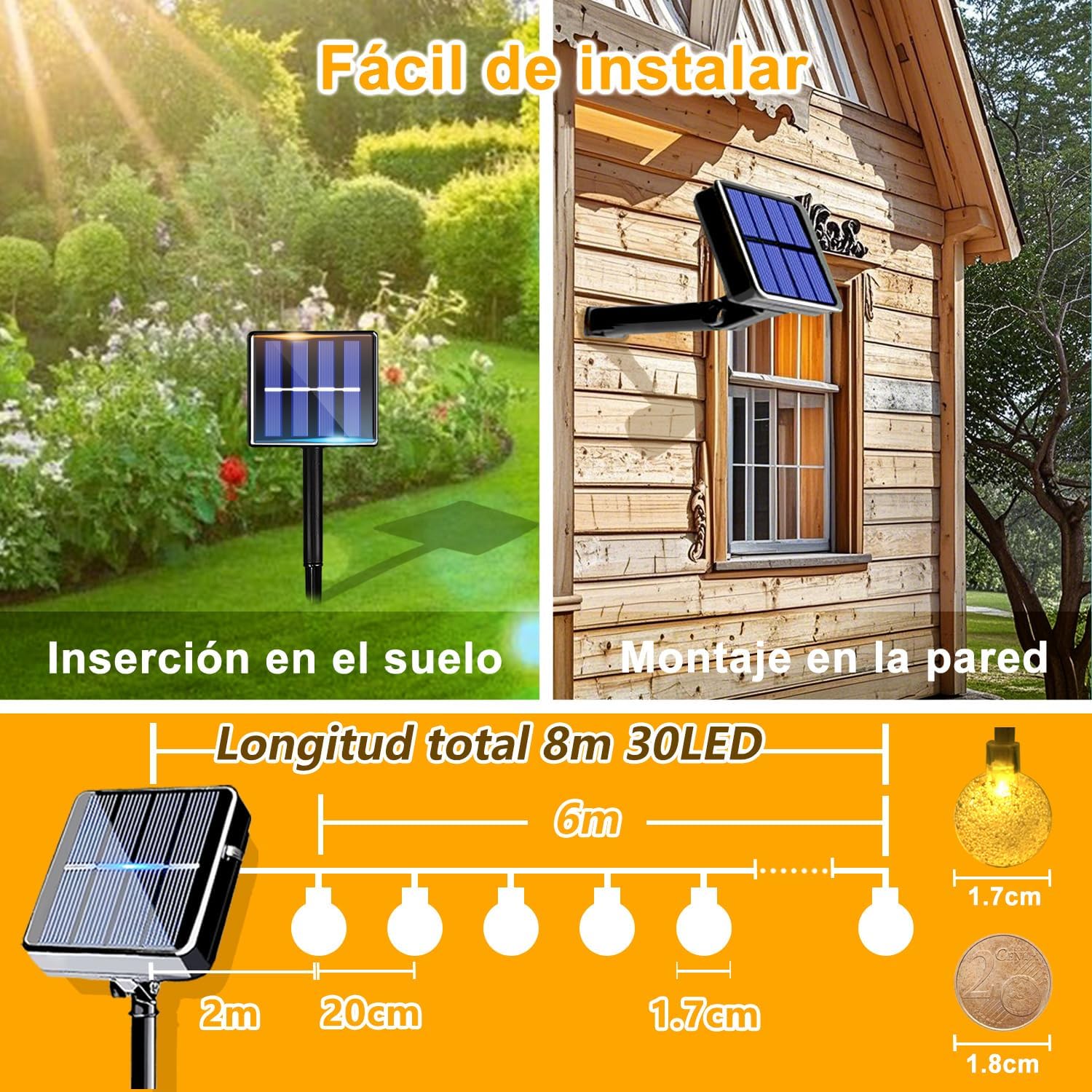 Thumbnail 4 de Guirnaldas luces exterior solar taiyongkang 30 LED 8 m con bolas de cristal y 8 modos (IP65, blanco cálido)