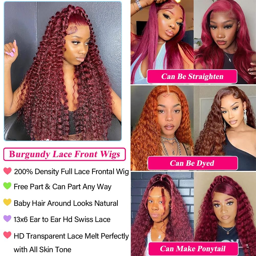 Detalle de KRKRYQ 30 Inch 99J Burgundy Deep Wave 13x6 HD Lace Front Human Hair Wig (180% Density)