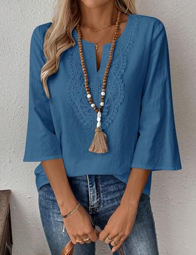 Thumbnail 1 de Rapbin Womens Tops 3/4 Sleeve Cotton Linen V Neck Boho Lace Casual Blouses