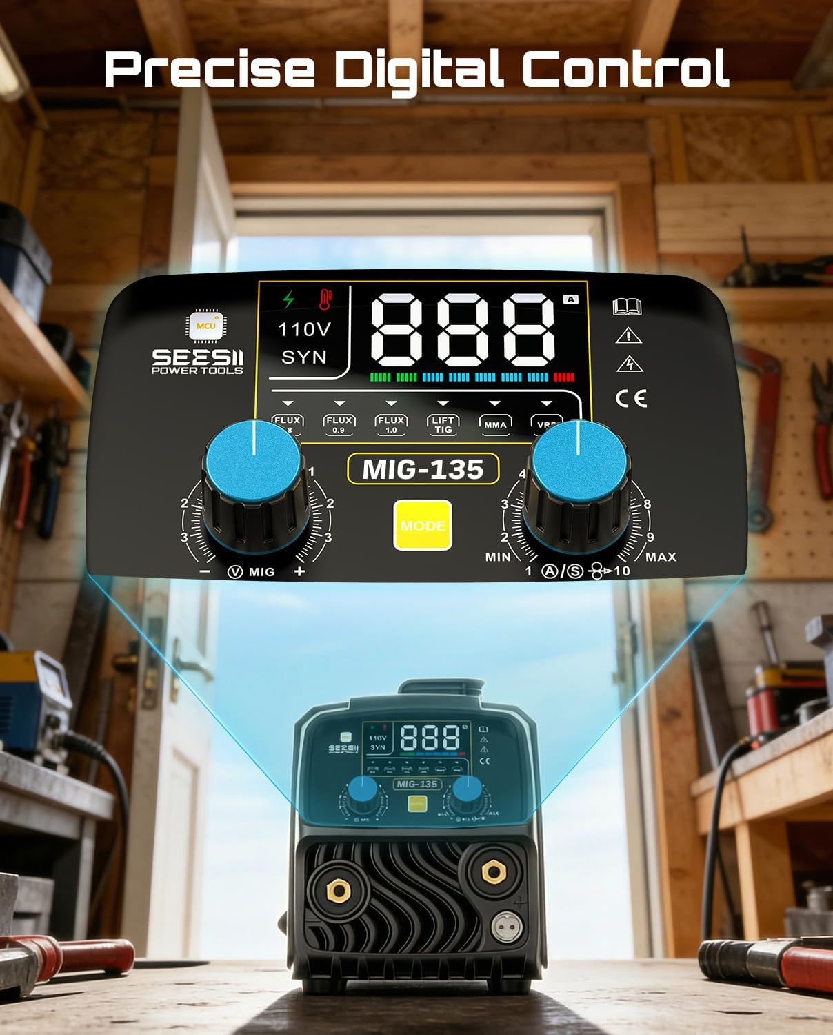 Detalle de SEESII 135A MIG Welder (110V) — 3-in-1 Gasless Flux Core, Lift TIG, and Stick Welding Machine