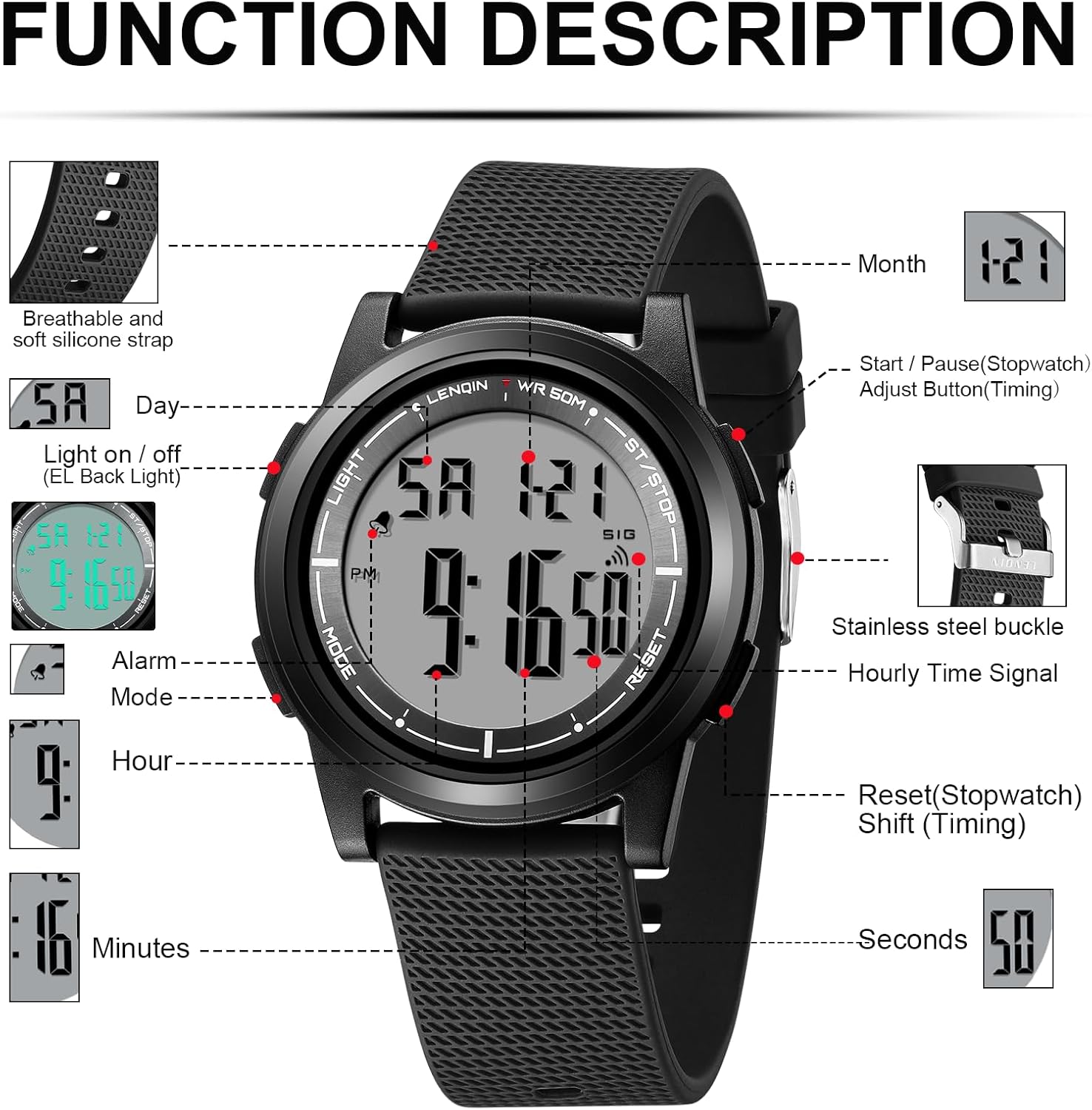 Detalle de HANPOSH Mens Watches Digital Watch – 30m Waterproof, EL Backlight, Stopwatch and Alarm