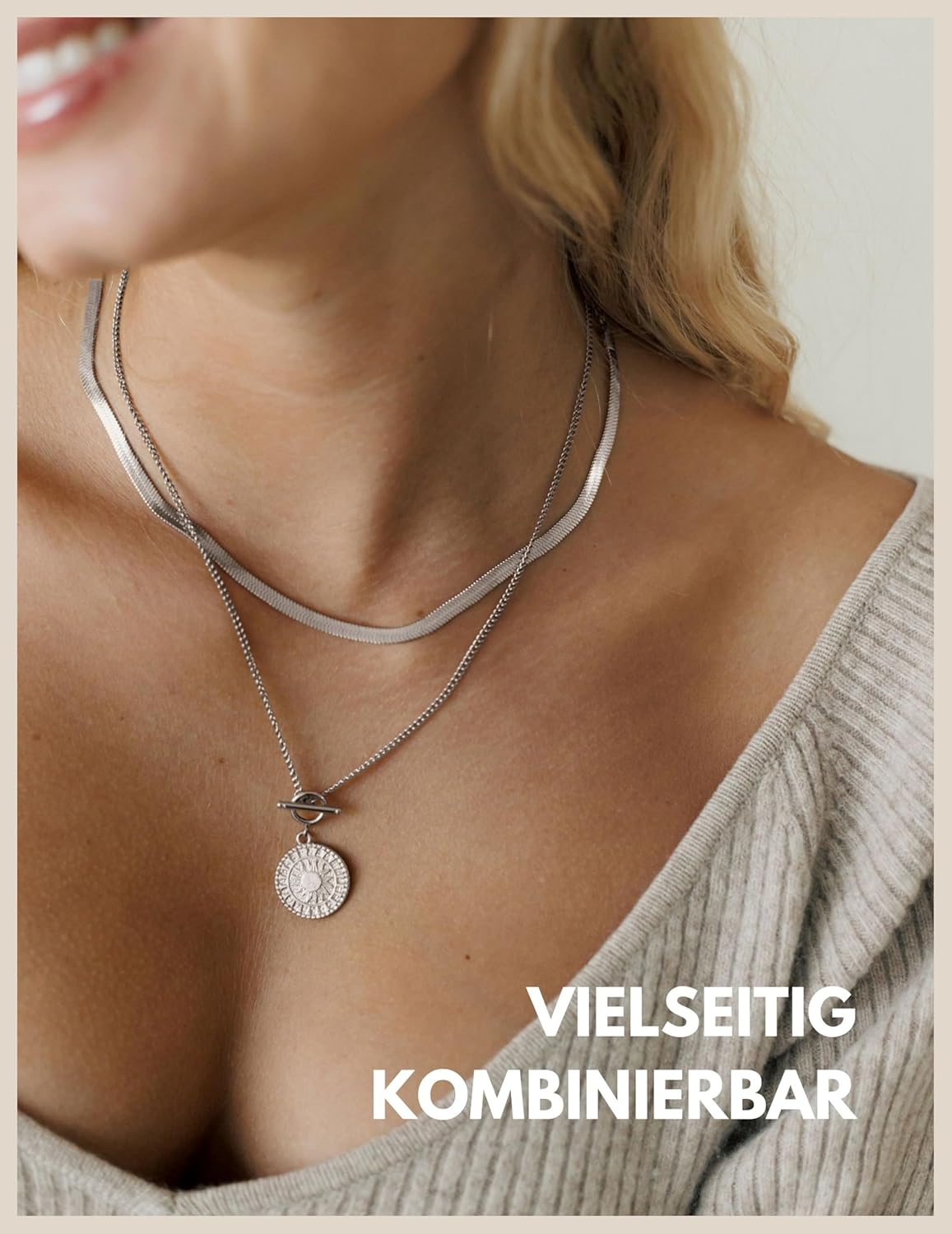 Detalle de GD GOOD.designs Kette Sonne – wasserfeste Halskette für Damen mit Sonnen-Anhänger aus 316L Edelstahl, 18K Gold, Roségold & Silber, verstellbar (45–50 cm)