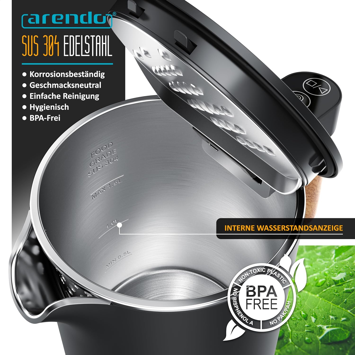 Detalle 1 de Arendo Wasserkocher Edelstahl 1,5 l