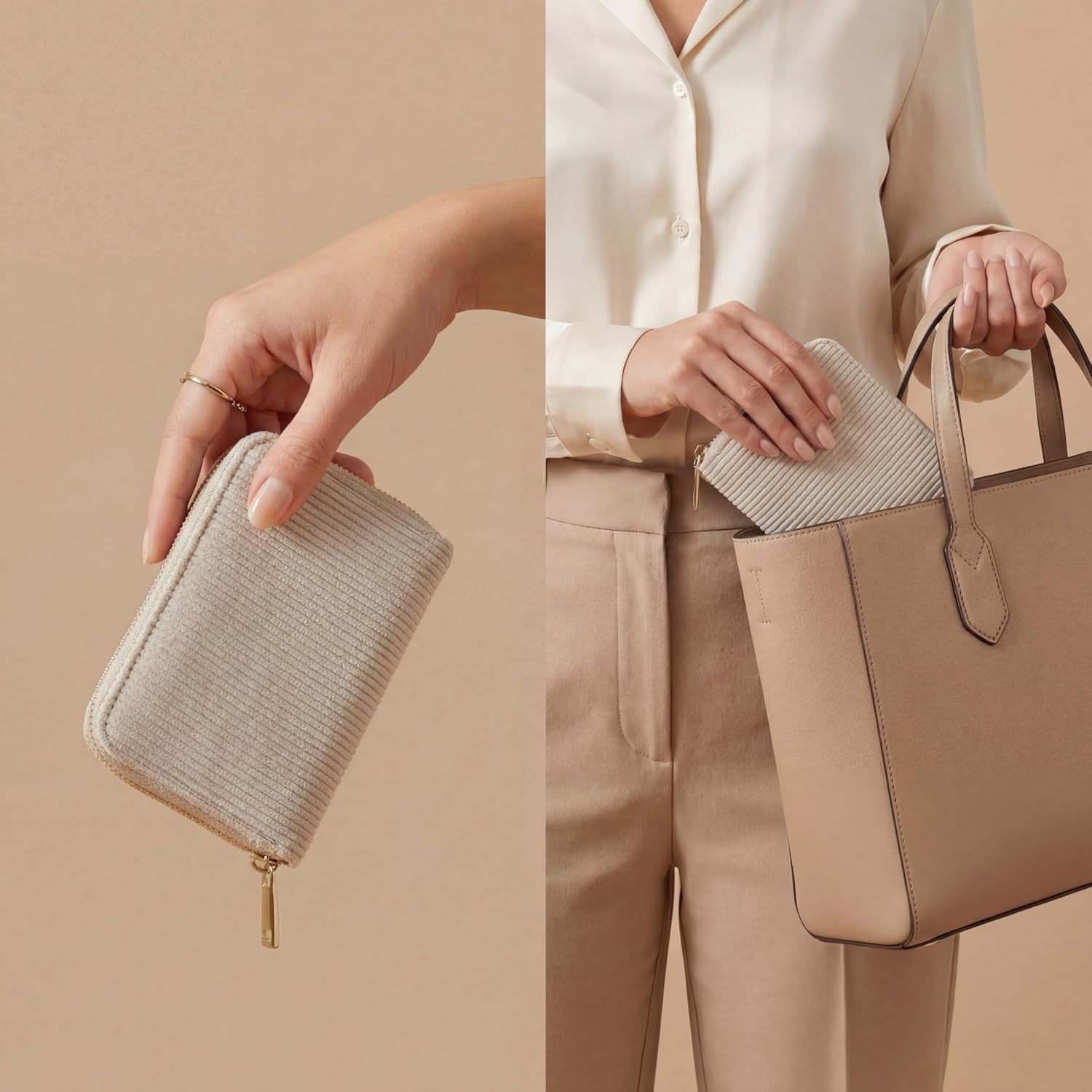 Detalle 2 de MillyMilk Kord Geldbeutel Fondo – Mini Portemonnaie aus Cord in Beige, kompakt & formstabil