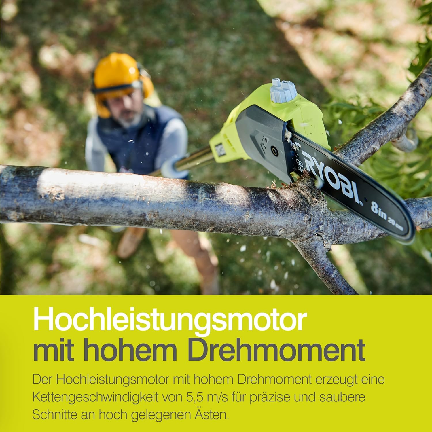 Detalle 2 de RYOBI 18 V ONE+ Hochentaster OPP1820 – 20 cm Schwert, 4 m Reichweite, automatische Kettenschmierung (ohne Akku/Ladegerät, Karton)
