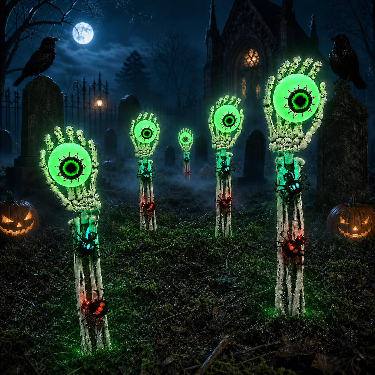 Thumbnail 6 de Mantunt Halloween Skeleton Hands Outdoor Decor with Green Eyeball Lights