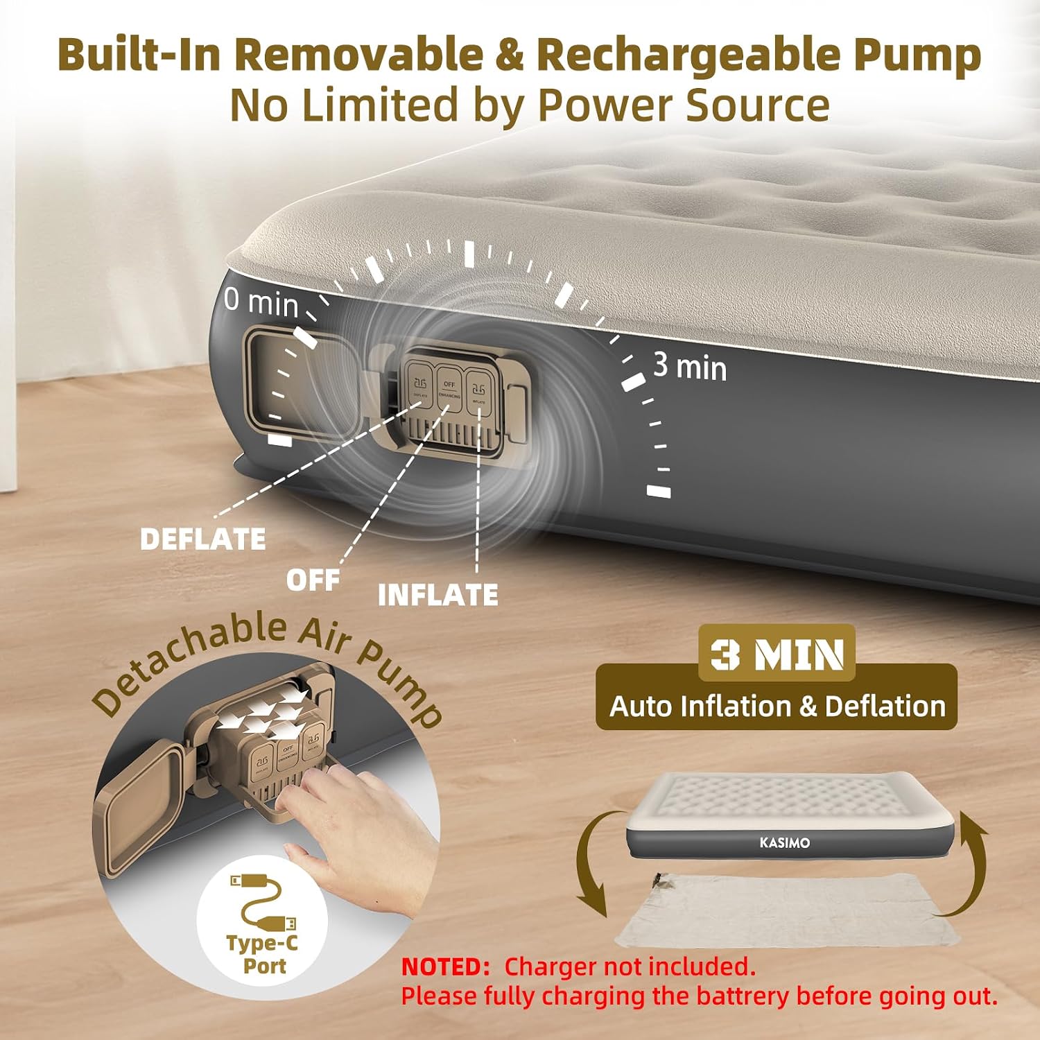Thumbnail 2 de KASIMO Double Inflatable Mattress with TPU Airbed and Built-in Pump