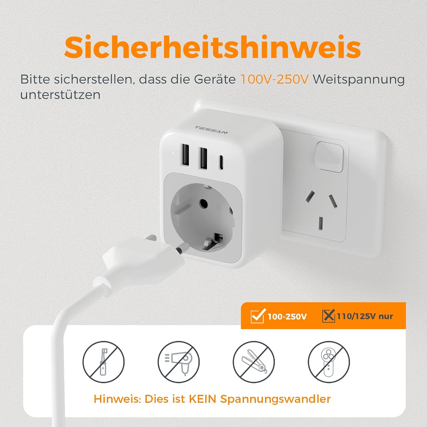 Thumbnail 4 de TESSAN Reiseadapter für Neuseeland & Australien – Typ I Steckdosenadapter mit 1 USB-C und 2 USB-A (2500 W)
