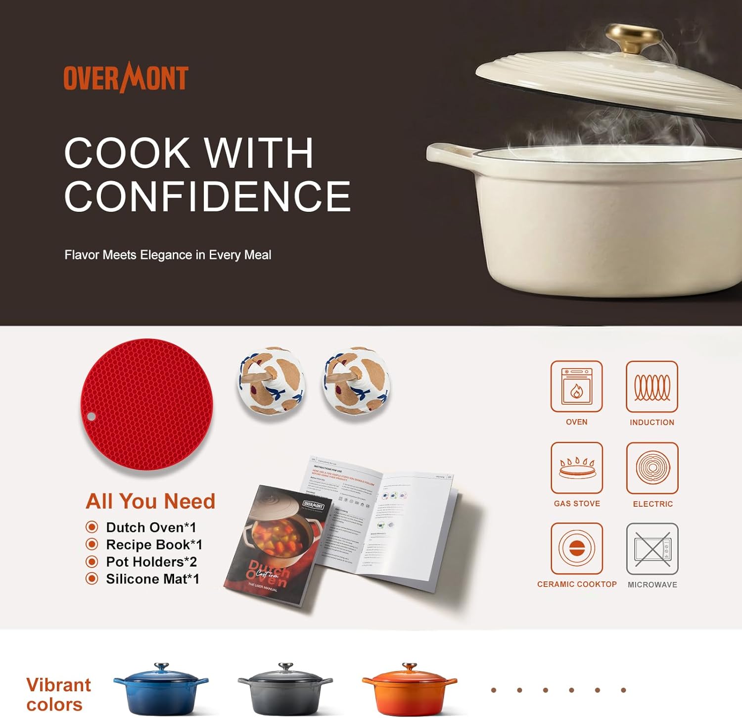 Thumbnail 5 de Overmont Enameled Cast Iron Dutch Oven (5.5QT) with Lid, Cookbook & Cotton Potholders — White