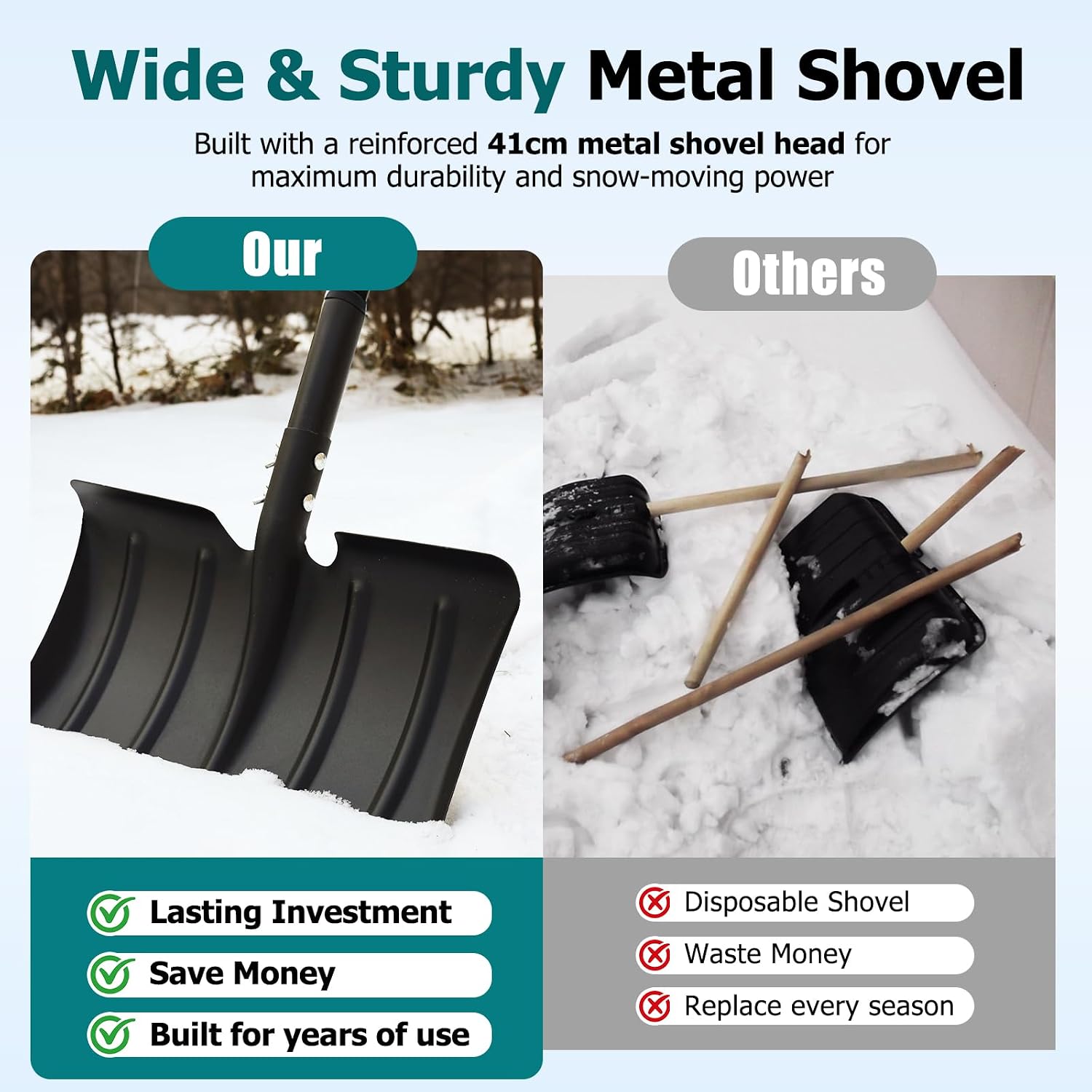 Detalle de Wormutong Heavy Duty Metal Snow Shovel, Adjustable Handle, 41 cm Steel Blade