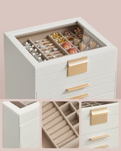 Detalle de SONGMICS Colección GISELLA: Caja de Joyas JBC176W01, 6 Niveles y 45 Compartimentos en Blanco Nube y Dorado