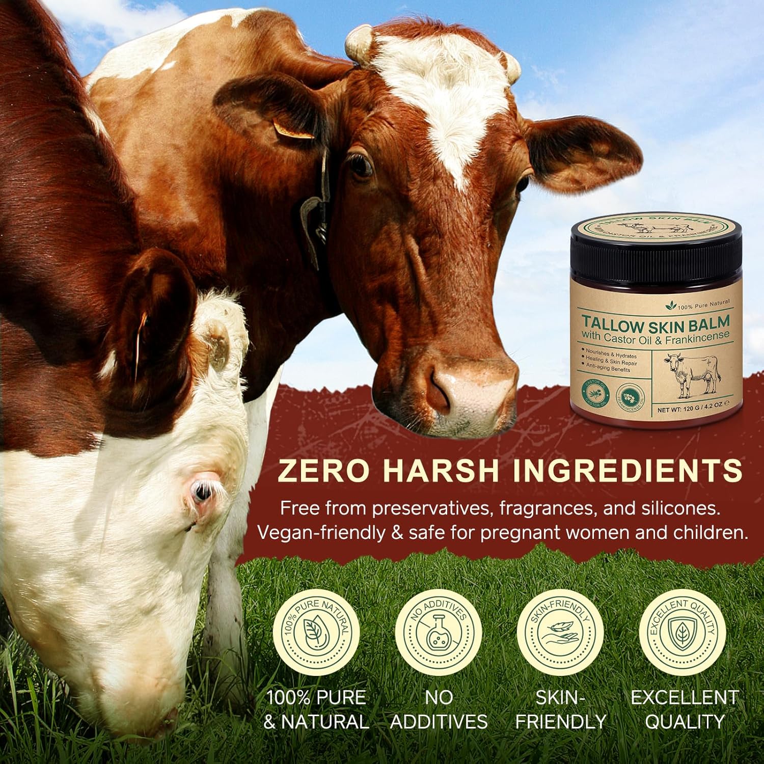 Detalle de Beef Tallow Cream – 2 Stück Rindertalg Creme mit Weihrauch, Ricinöl und Bienenwachs (100% grasgefüttertes Rindfleischfett)