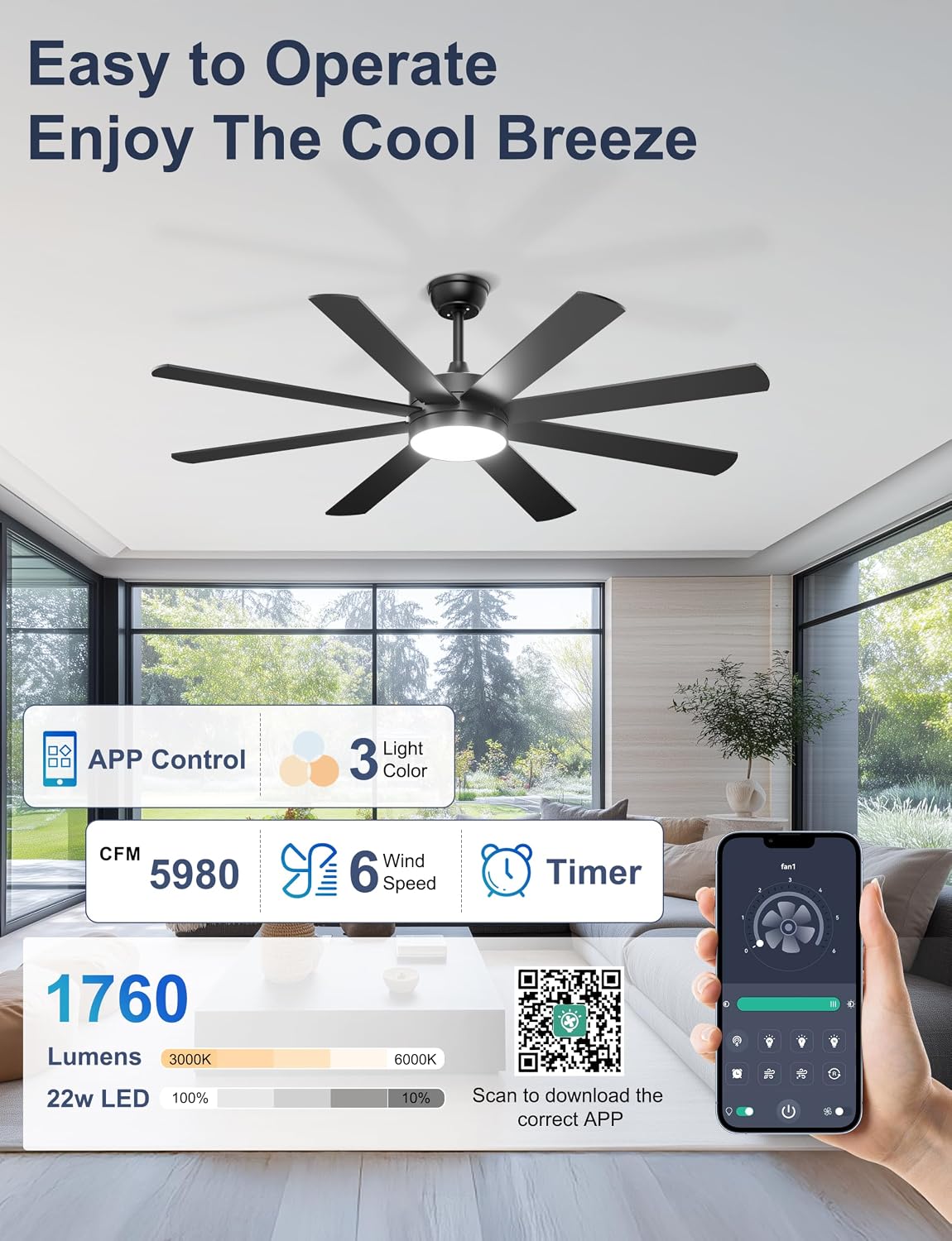 Detalle 2 de Phylluz ZS106 60-Inch Ceiling Fan with Light, 8 Blades and App Control