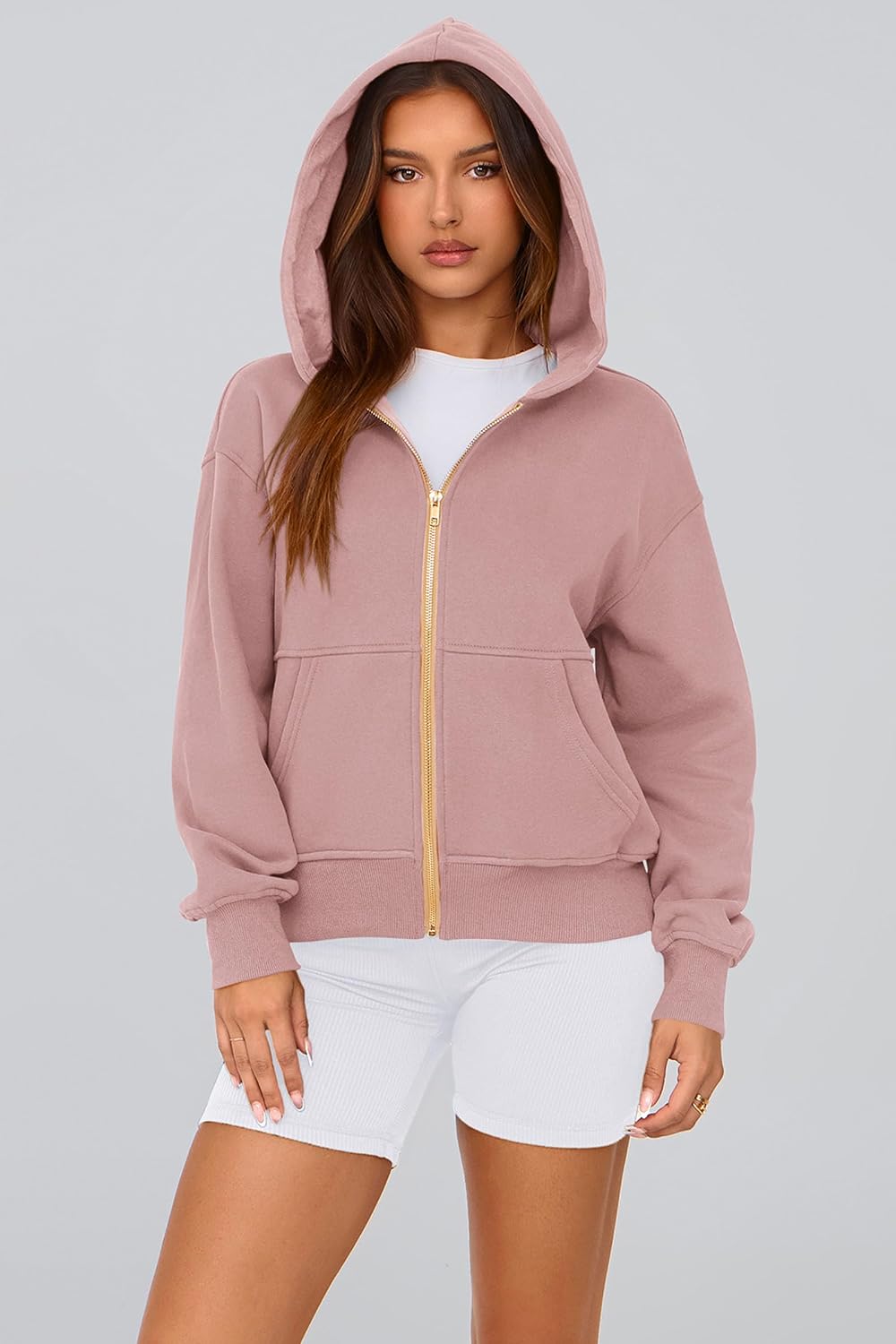Detalle de PRETTYGARDEN Zip-Up Hoodies for Women — Soft Fleece-Lined, Front-Pocket Long Sleeve Jacket