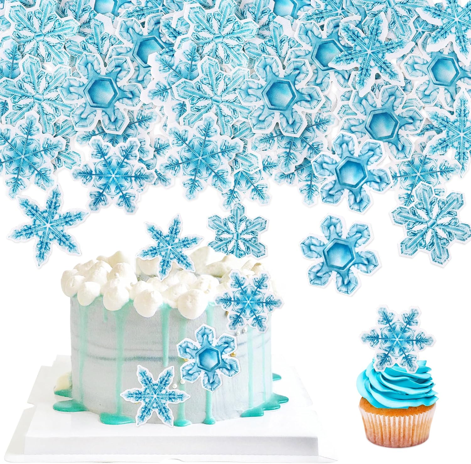 Detalle de Keaziu Edible Snowflake Cake Toppers, 40-Piece Blue Rice Paper Set