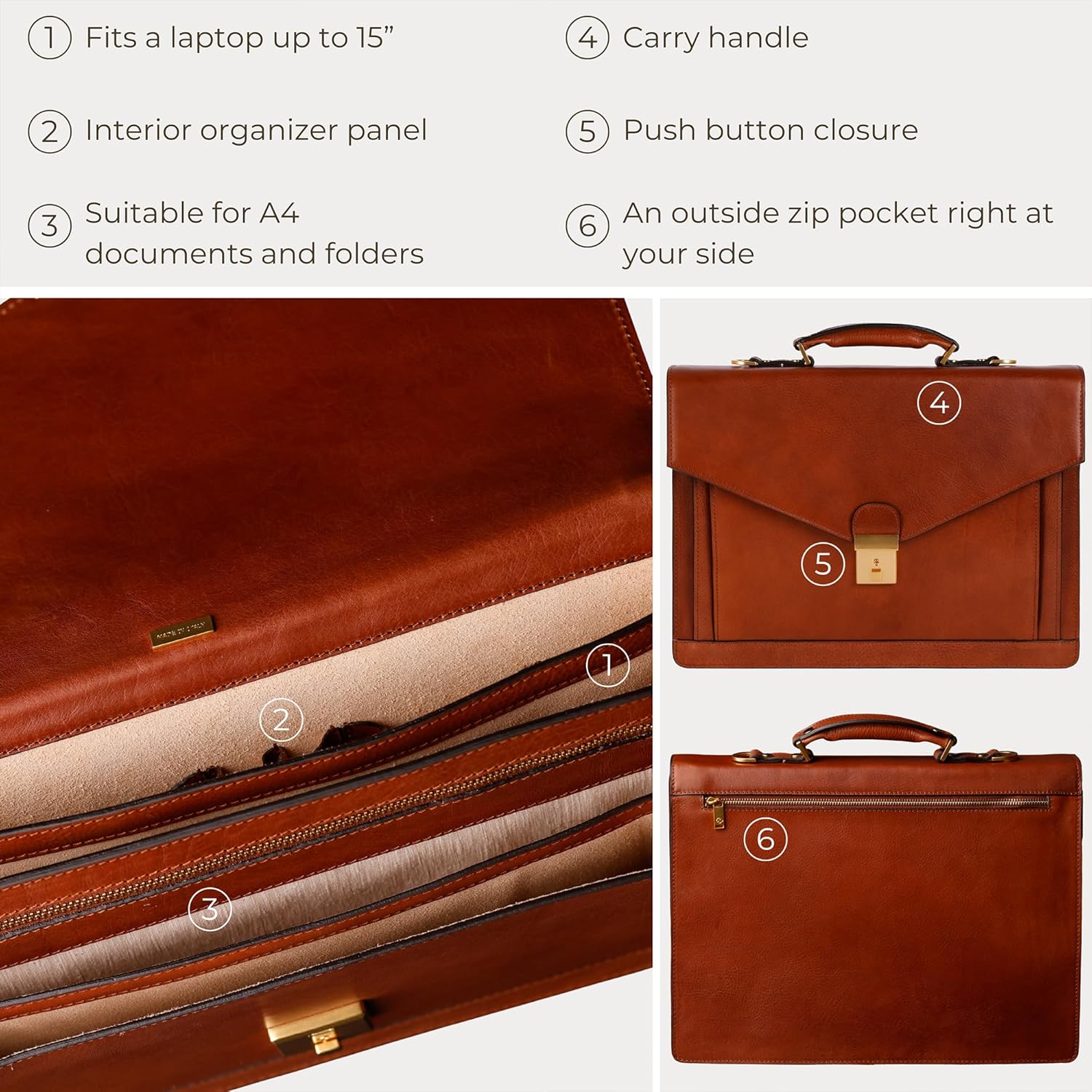 Detalle 2 de Time Resistance Porte Document Homme en Cuir – Sac Bandoulière Pleine Fleur, Fabriqué à la Main en Italie