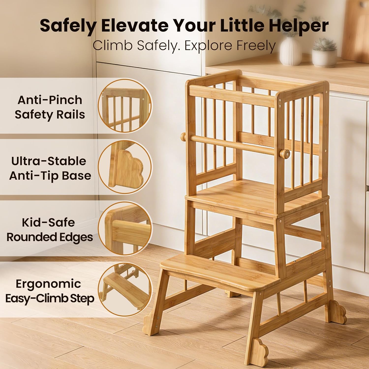 Detalle de HBTower ZL32 Toddler Standing Tower, Bamboo Kitchen Step Stool with Safety Rails