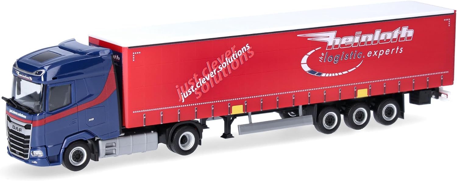 Detalle de Herpa DAF XG – model ciężarówki Heinloth 1:87 z naczepą plandekową