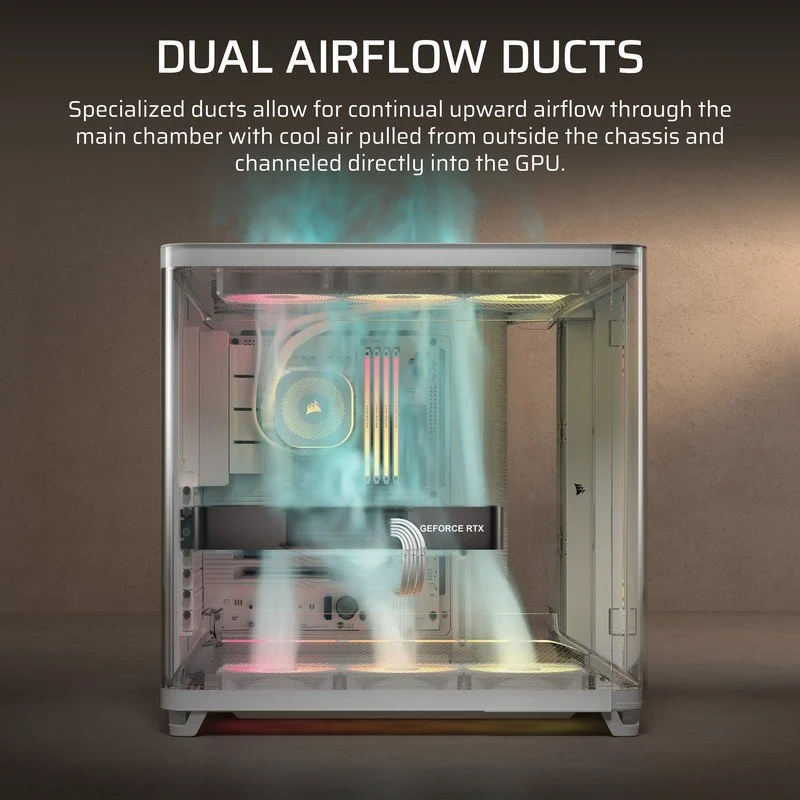 Detalle de Corsair AIR 5400 RS-R ARGB con triple cámara y cristal curvo blanco