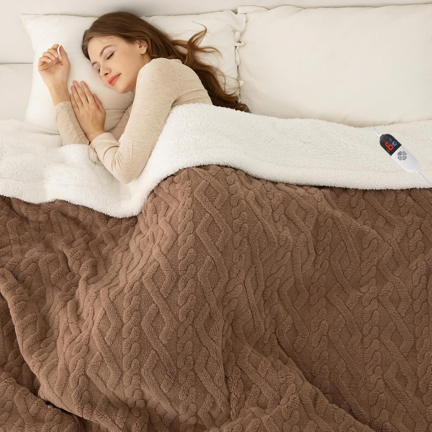 Detalle de LUZARTA Full Size Heated Blanket, 72" x 84", Brown Sherpa, 6 Heat Settings