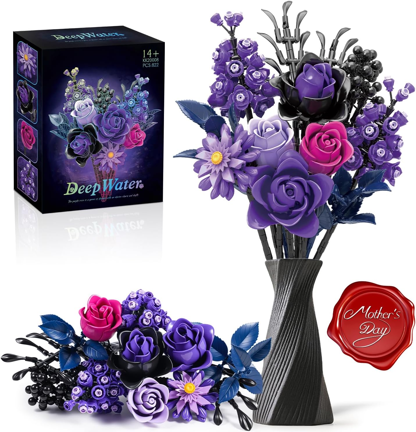 Detalle de PENGBU RC Lila Rosen Blumenstrauß Klemmbausteine – 822-Teile Blumen-Bauspielzeugset für Erwachsene