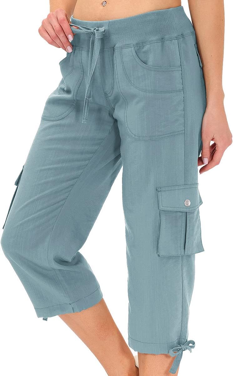 Detalle de MoFiz Women’s Capri Hiking Cargo Pants with Pockets (Dry Fit, Stretch, Zipper Closure)