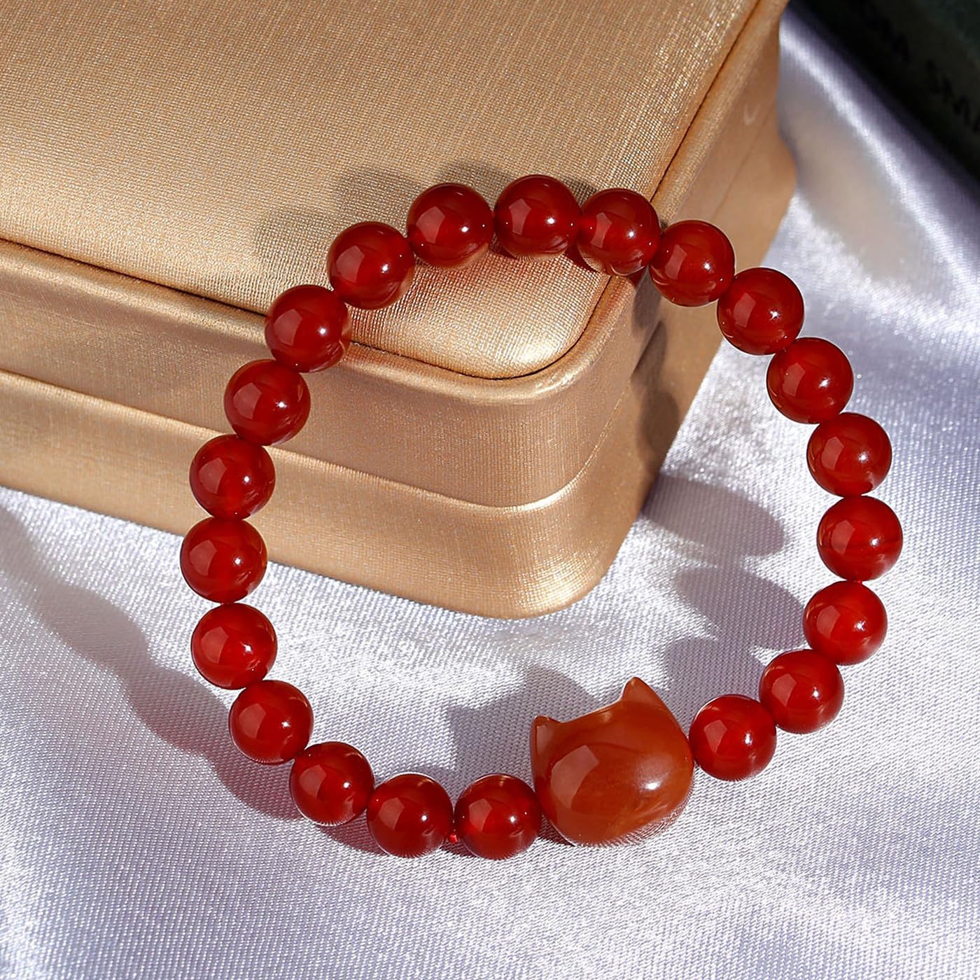 Detalle de XIANNVXI Katzen Armband Damen – Kristallkarneol 8 mm, elastisch, Glücksvögeleinspiriertes Katzenmuster