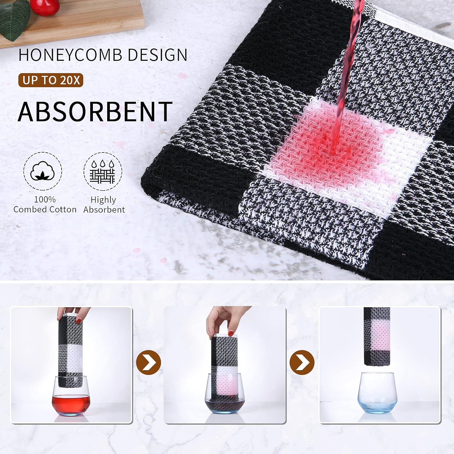 Detalle de Mordimy 100% Cotton Waffle Weave Kitchen Towels (13 x 28 in), Black & White Buffalo Check, 4-Pack